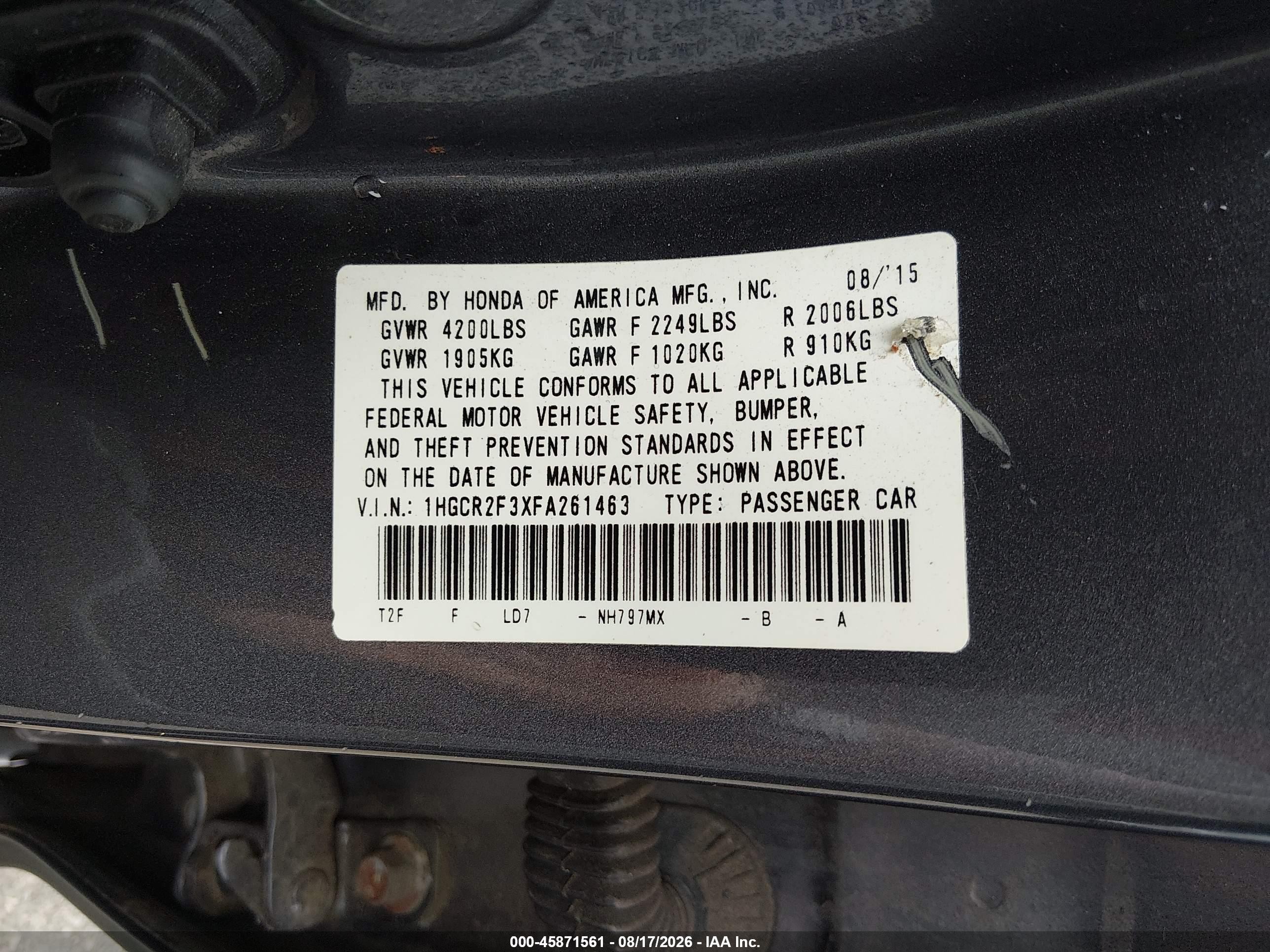 2015 Honda Accord Lx Gray vin: 1HGCR2F3XFA261463