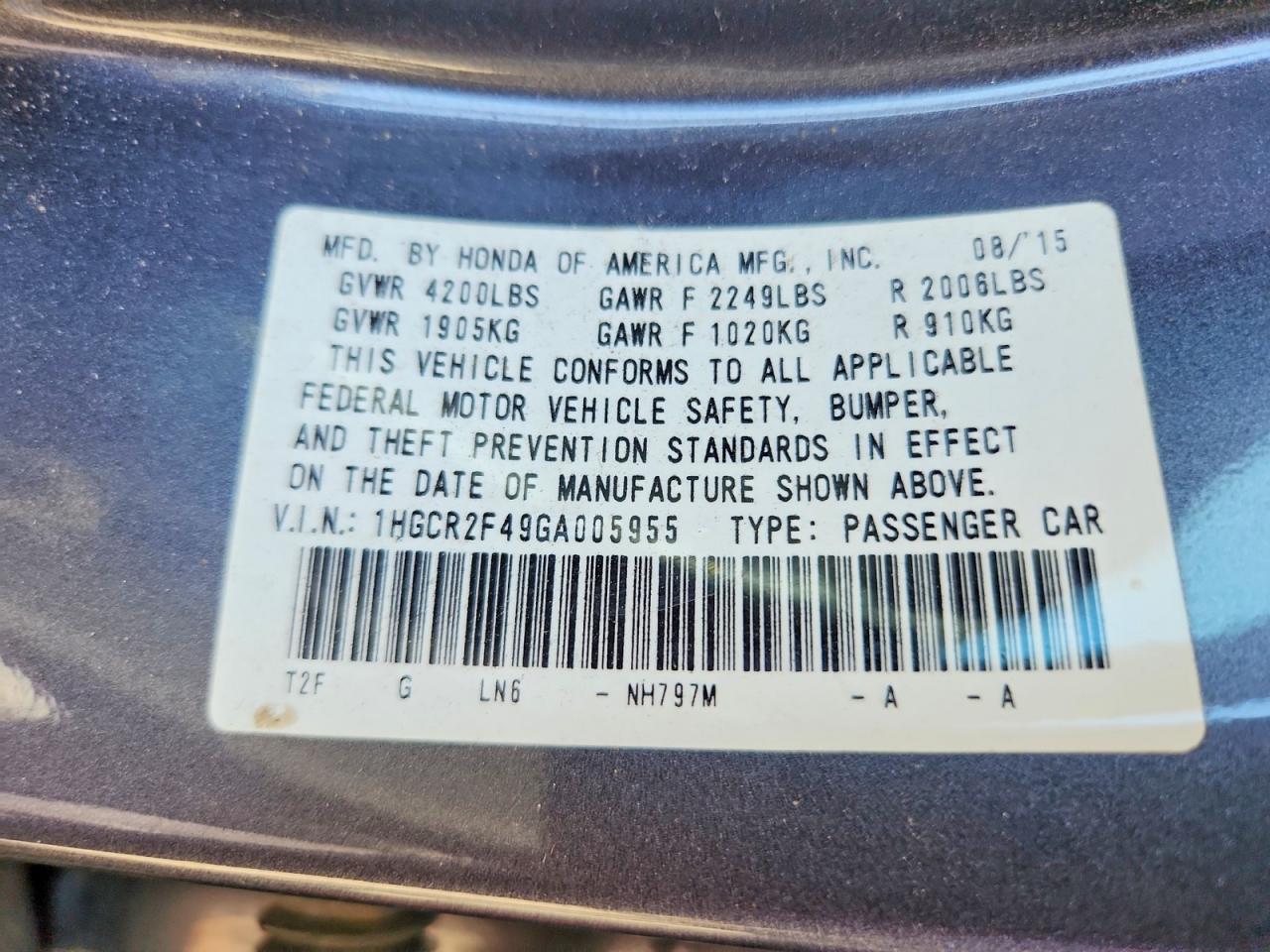 2016 Honda Accord Lx Gray vin: 1HGCR2F49GA005955