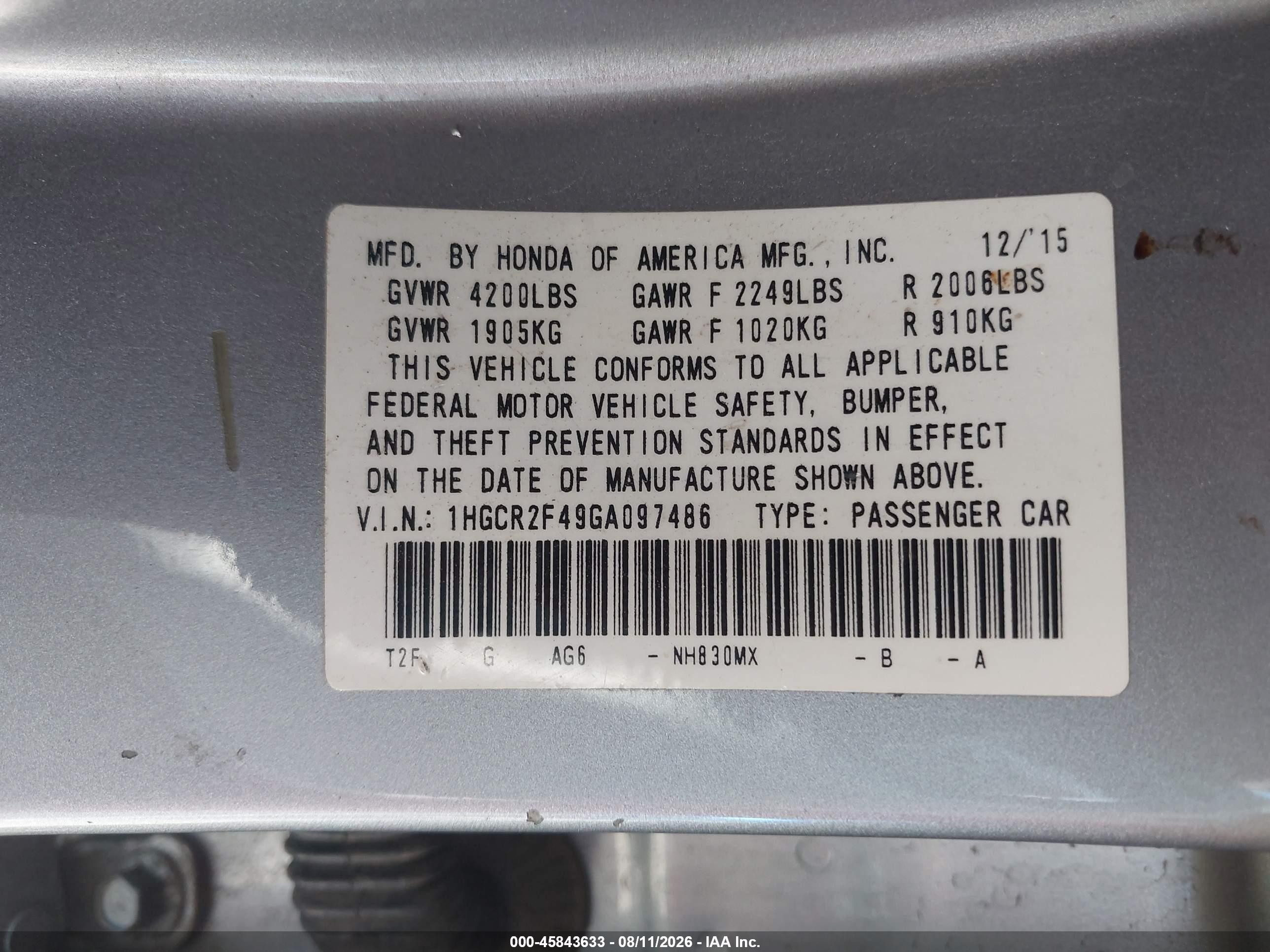 2016 Honda Accord Lx Silver vin: 1HGCR2F49GA097486
