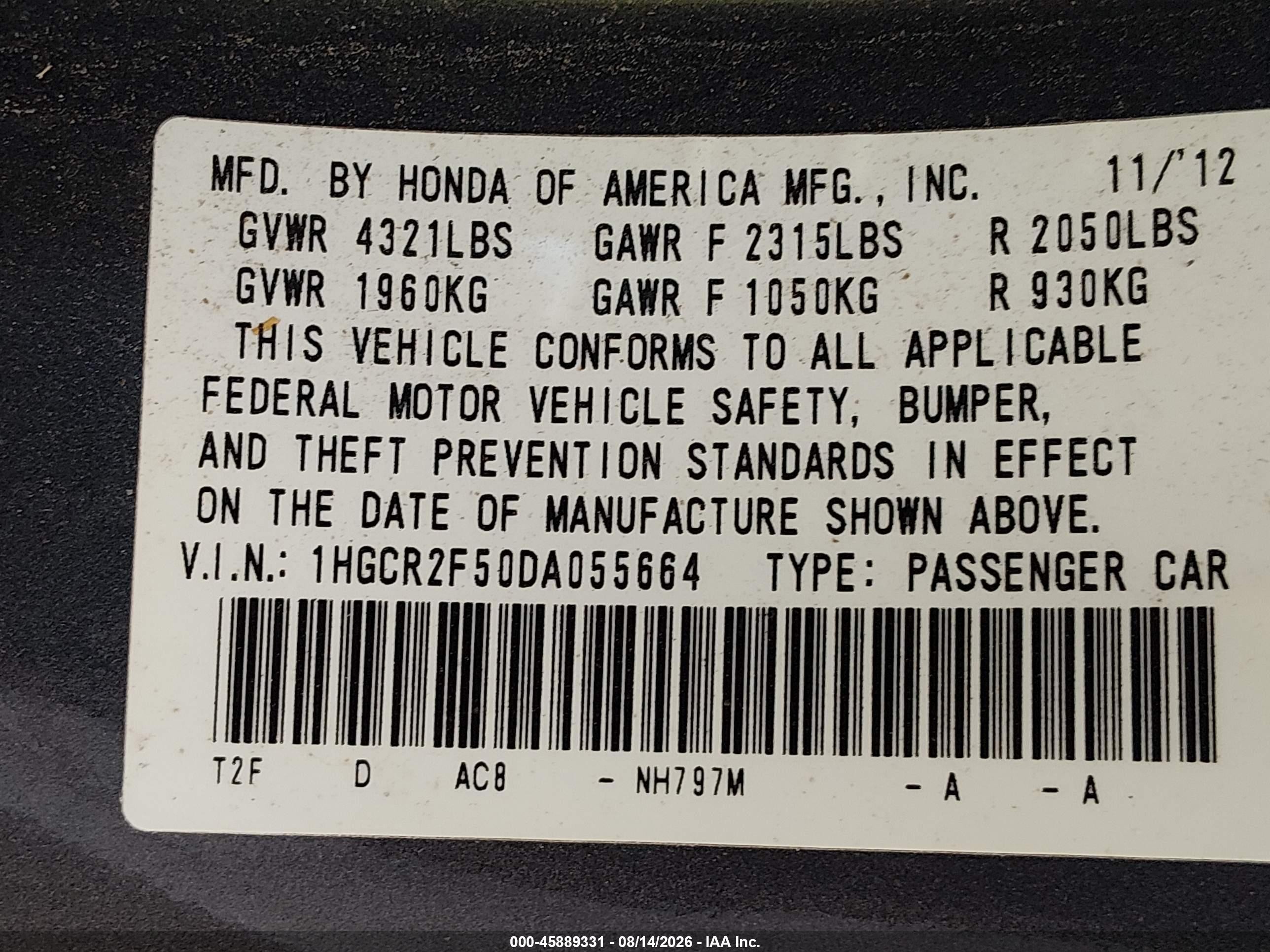 2013 Honda Accord Sport Серый vin: 1HGCR2F50DA055664