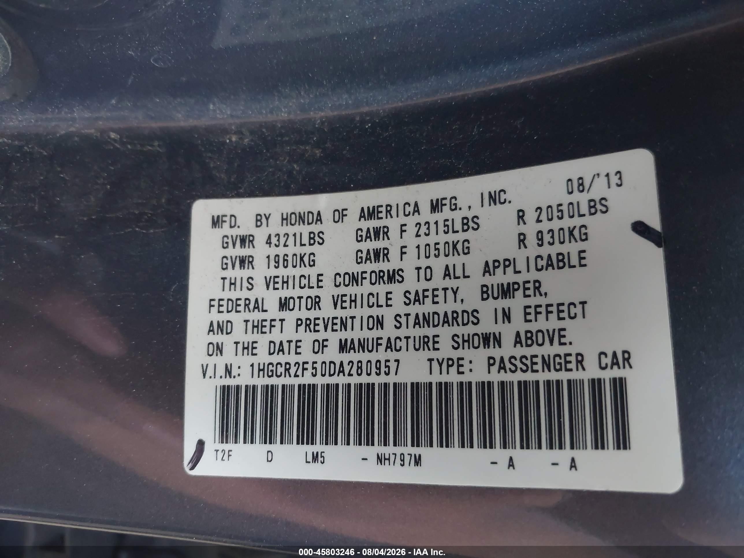 2013 Honda Accord Sport Gray vin: 1HGCR2F50DA280957