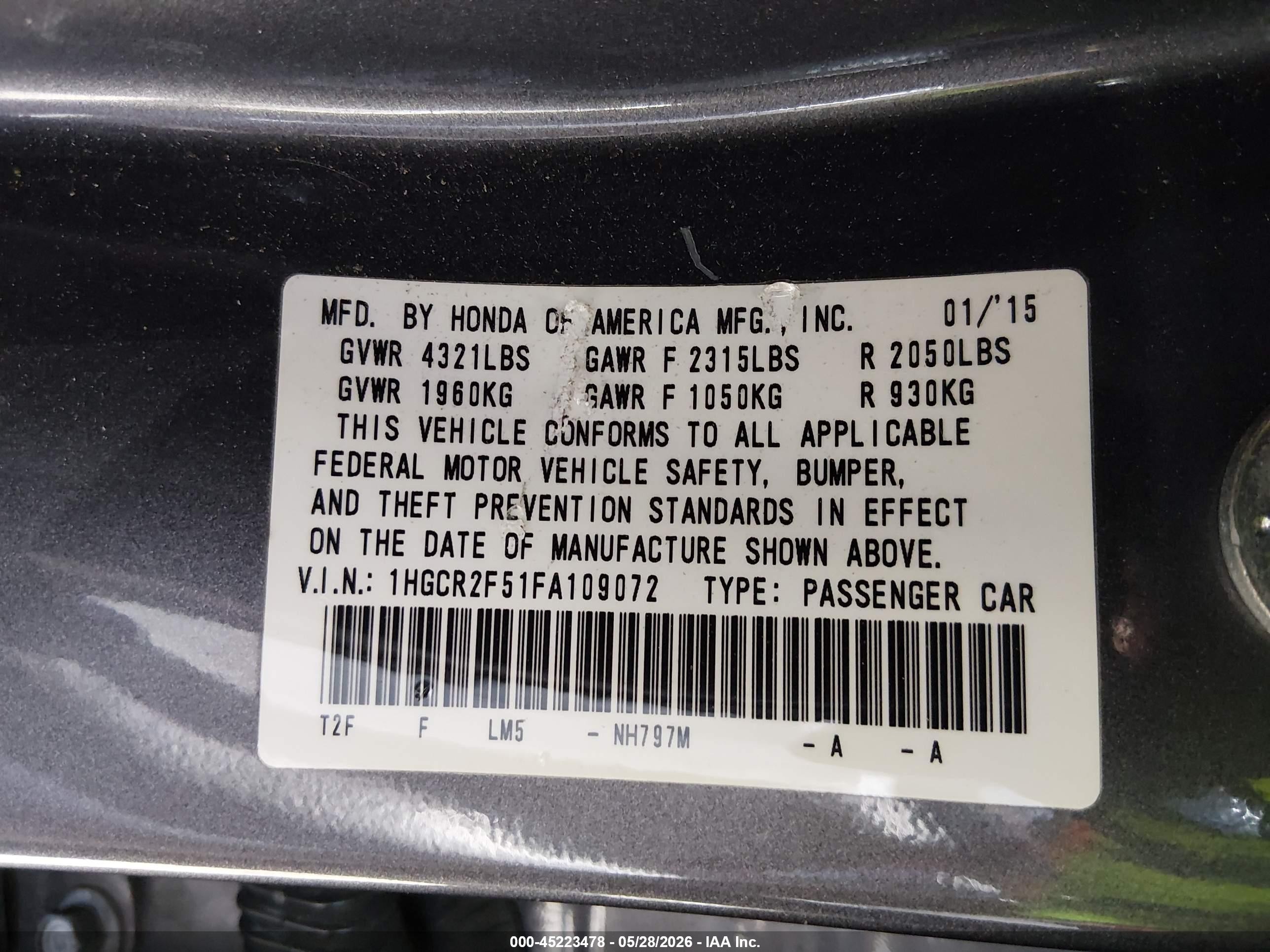 2015 Honda Accord Sport Gray vin: 1HGCR2F51FA109072