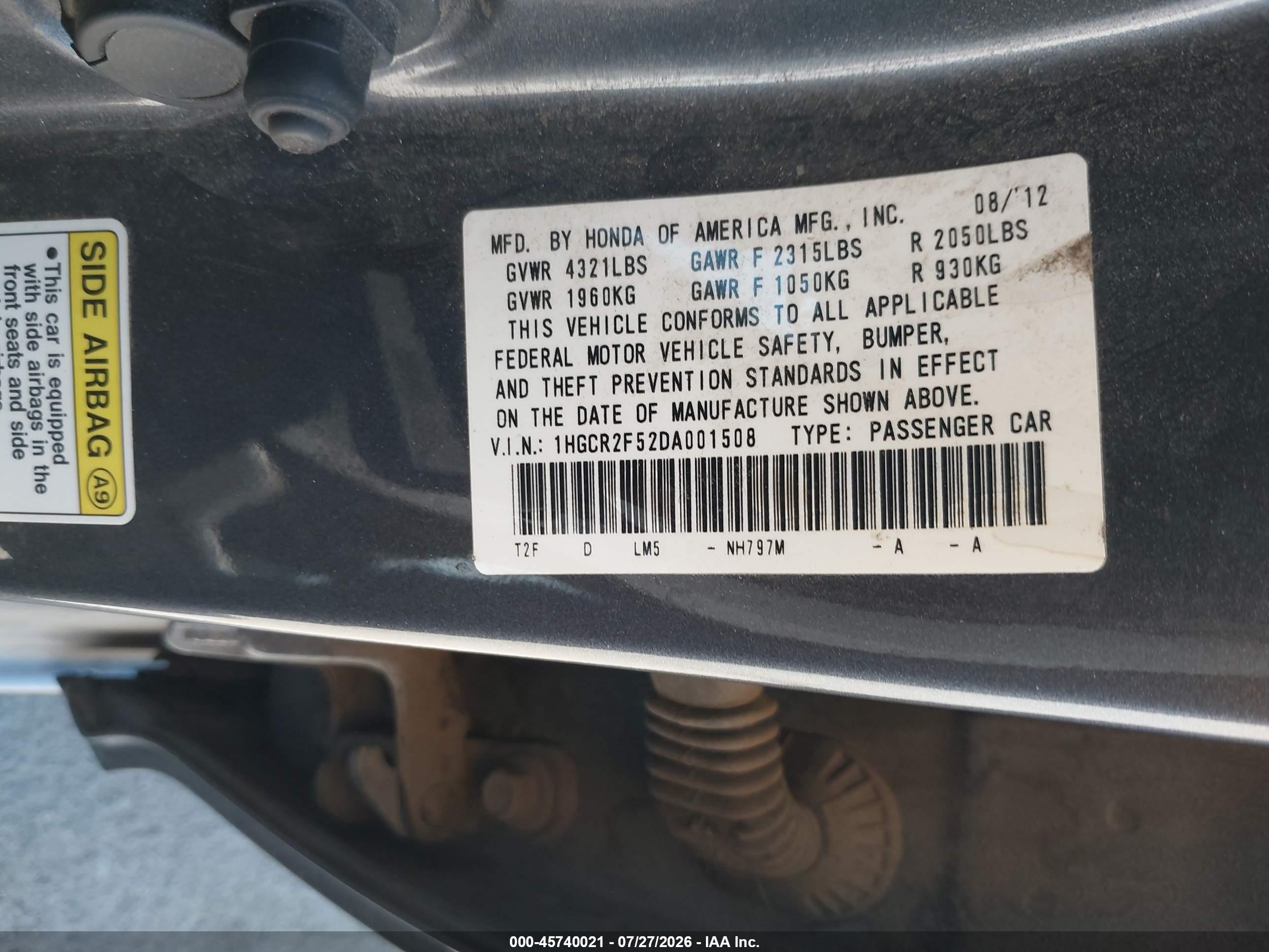 2013 Honda Accord Sport Gray vin: 1HGCR2F52DA001508
