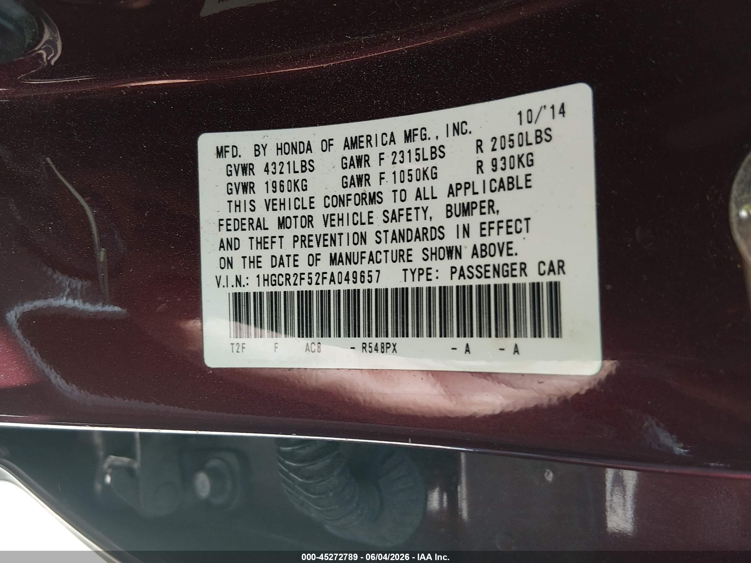 2015 Honda Accord Sport Бордовый vin: 1HGCR2F52FA049657