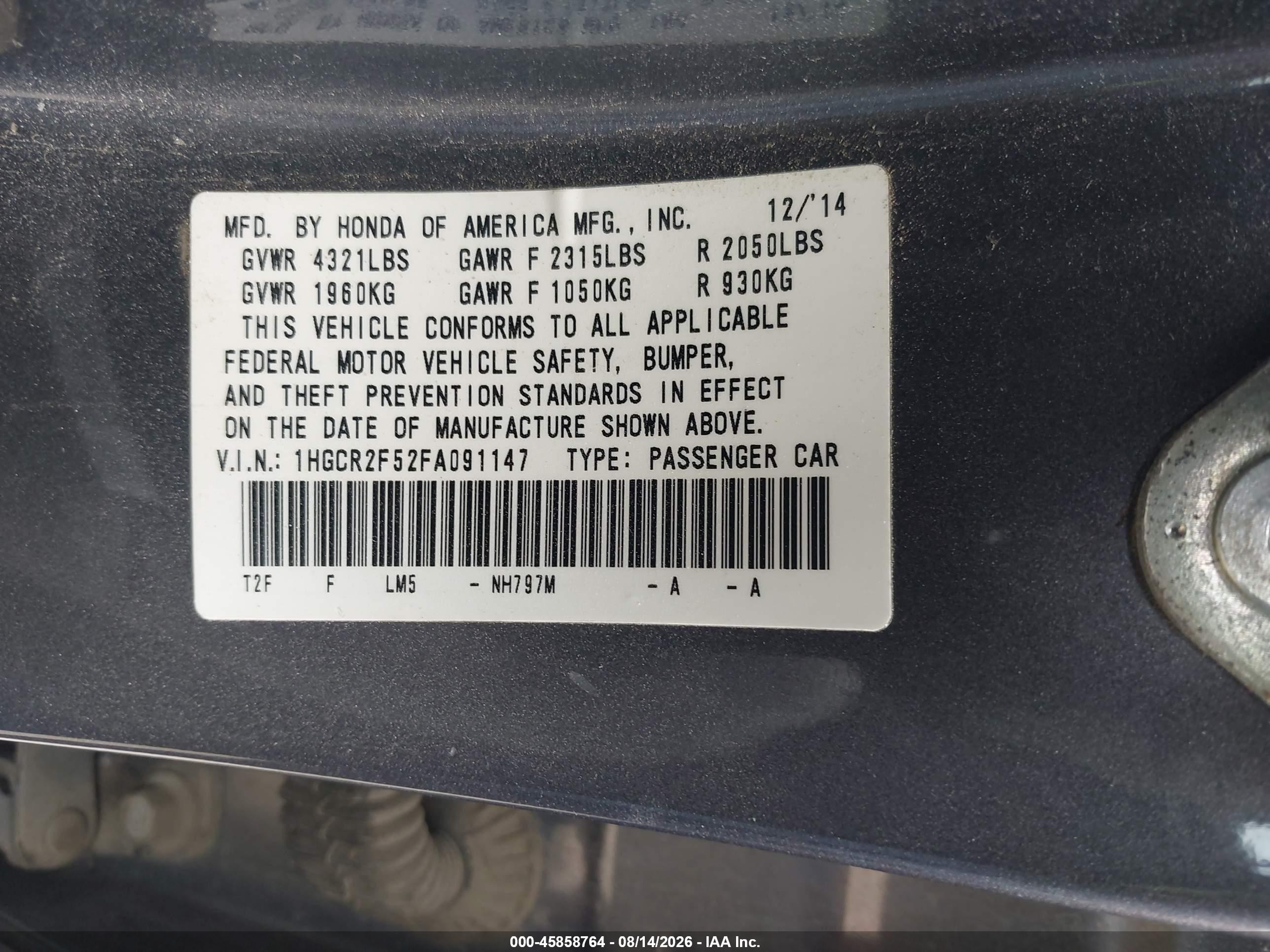 2015 Honda Accord Sport Серый vin: 1HGCR2F52FA091147