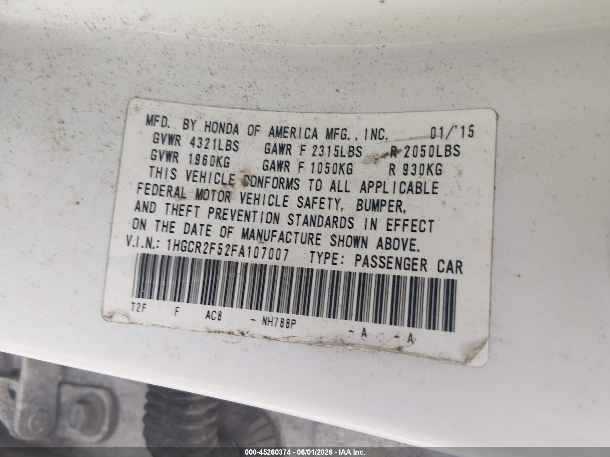 2015 Honda Accord Sport White vin: 1HGCR2F52FA107007