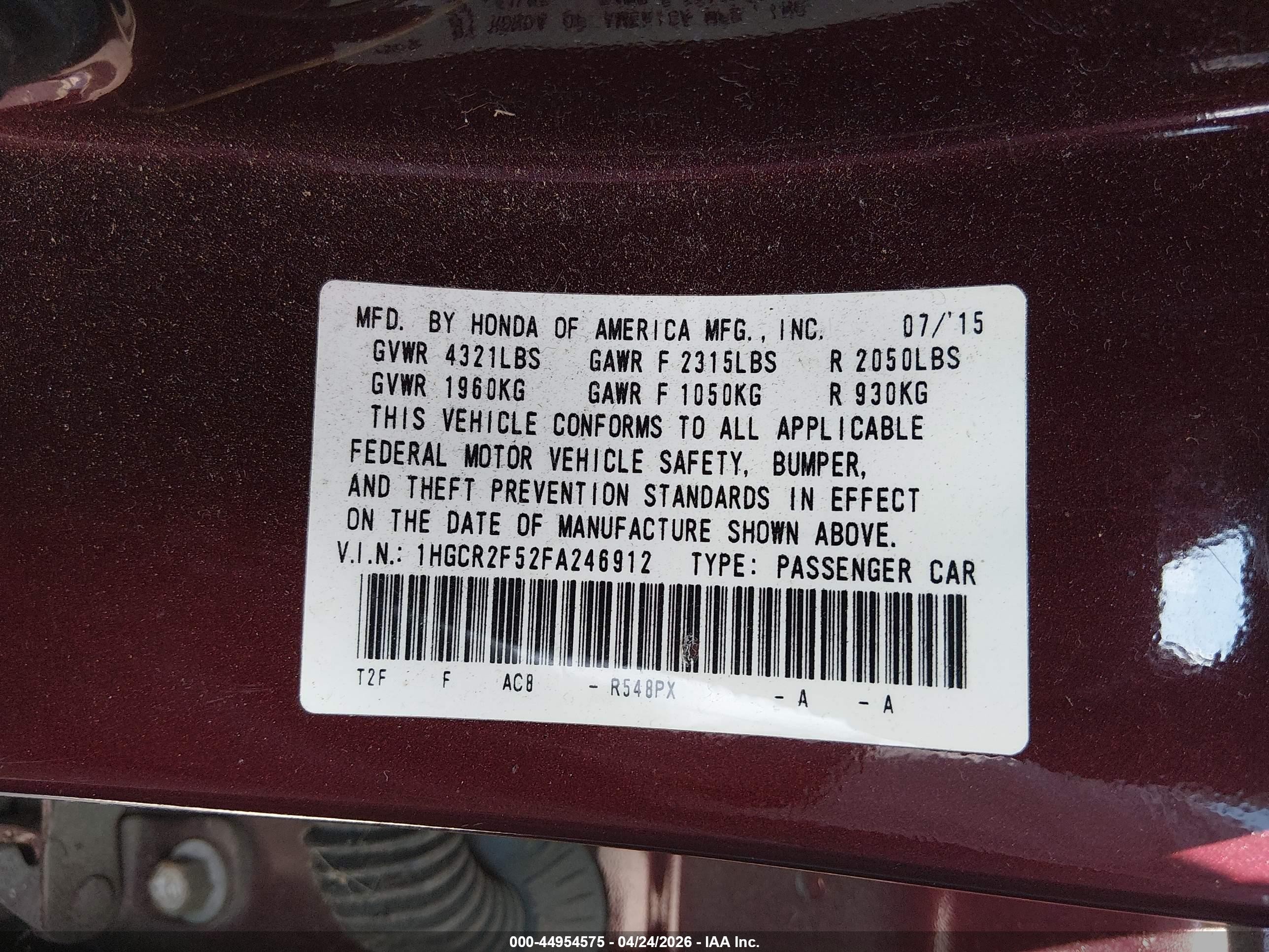 2015 Honda Accord Sport Burgundy vin: 1HGCR2F52FA246912