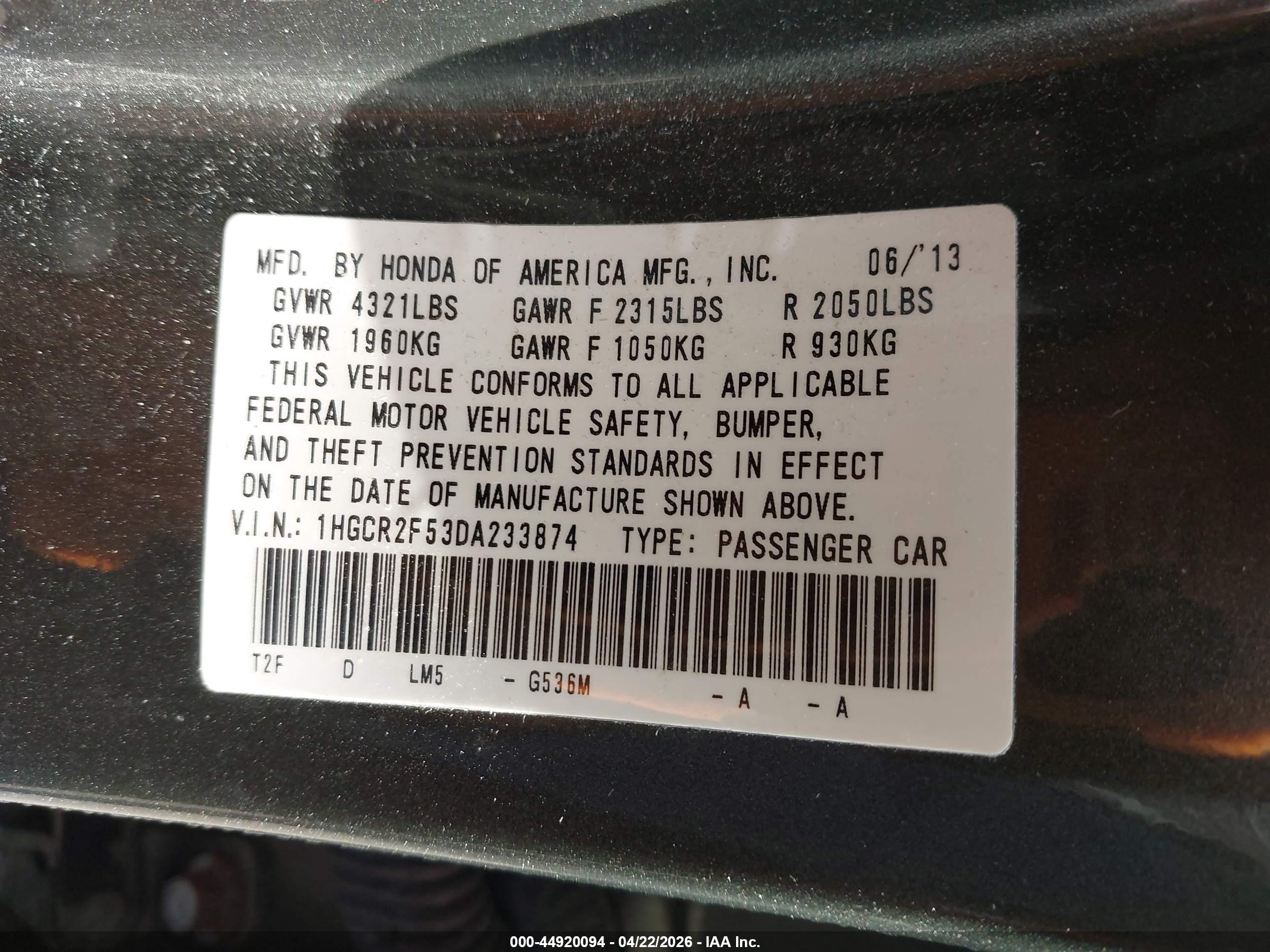 2013 Honda Accord Sport Серый vin: 1HGCR2F53DA233874