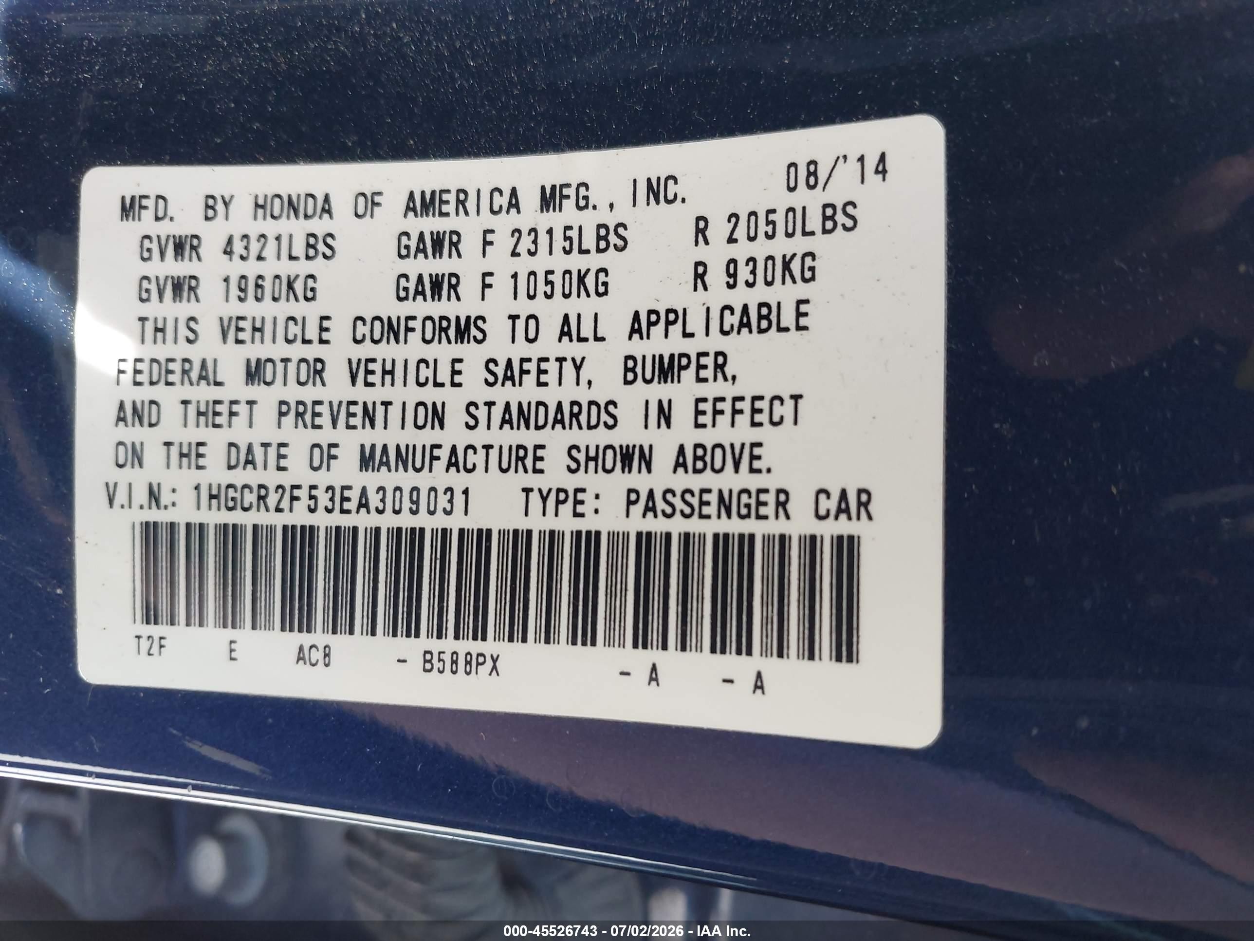 2014 Honda Accord Sport Синий vin: 1HGCR2F53EA309031