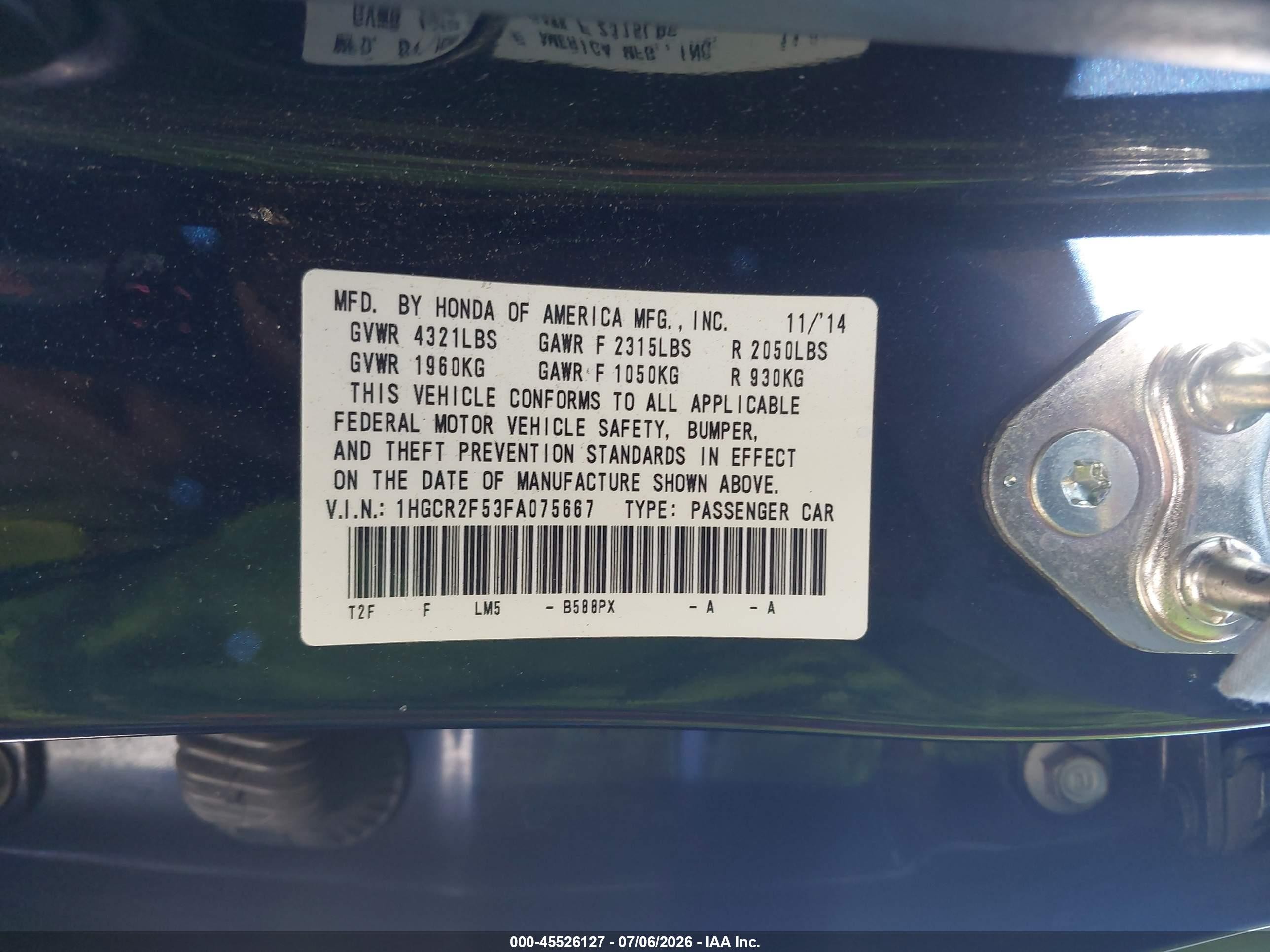 2015 Honda Accord Sport Blue vin: 1HGCR2F53FA075667