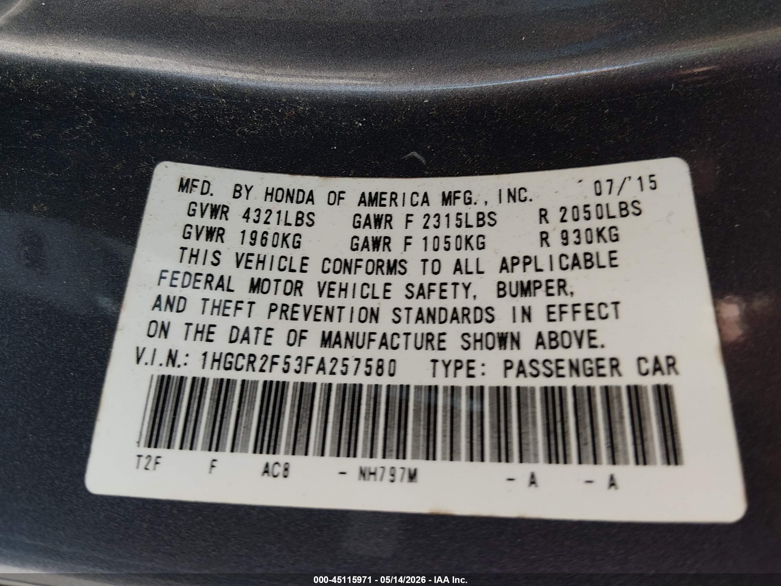 2015 Honda Accord Sport Серый vin: 1HGCR2F53FA257580