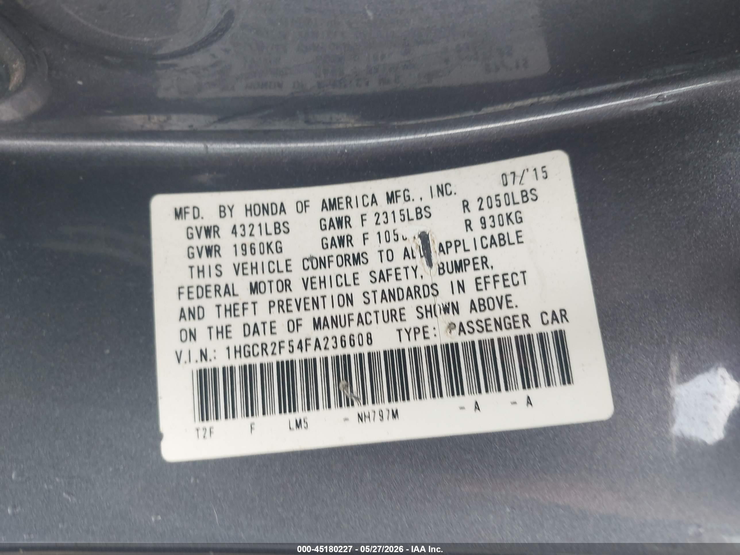 2015 Honda Accord Sport Серый vin: 1HGCR2F54FA236608
