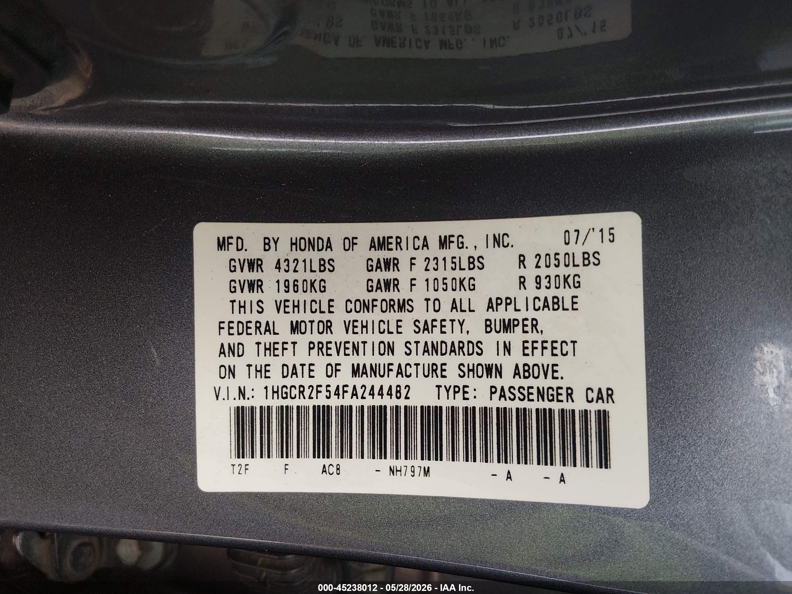 2015 Honda Accord Sport Gray vin: 1HGCR2F54FA244482
