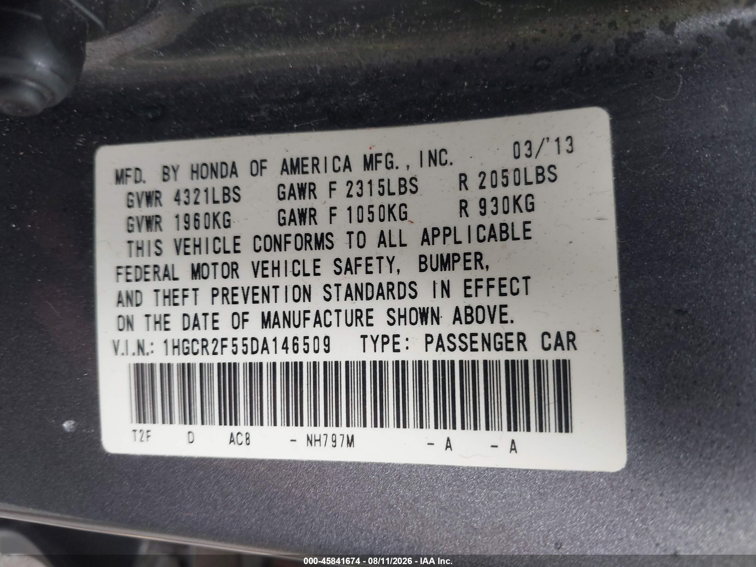 2013 Honda Accord Sport Серый vin: 1HGCR2F55DA146509
