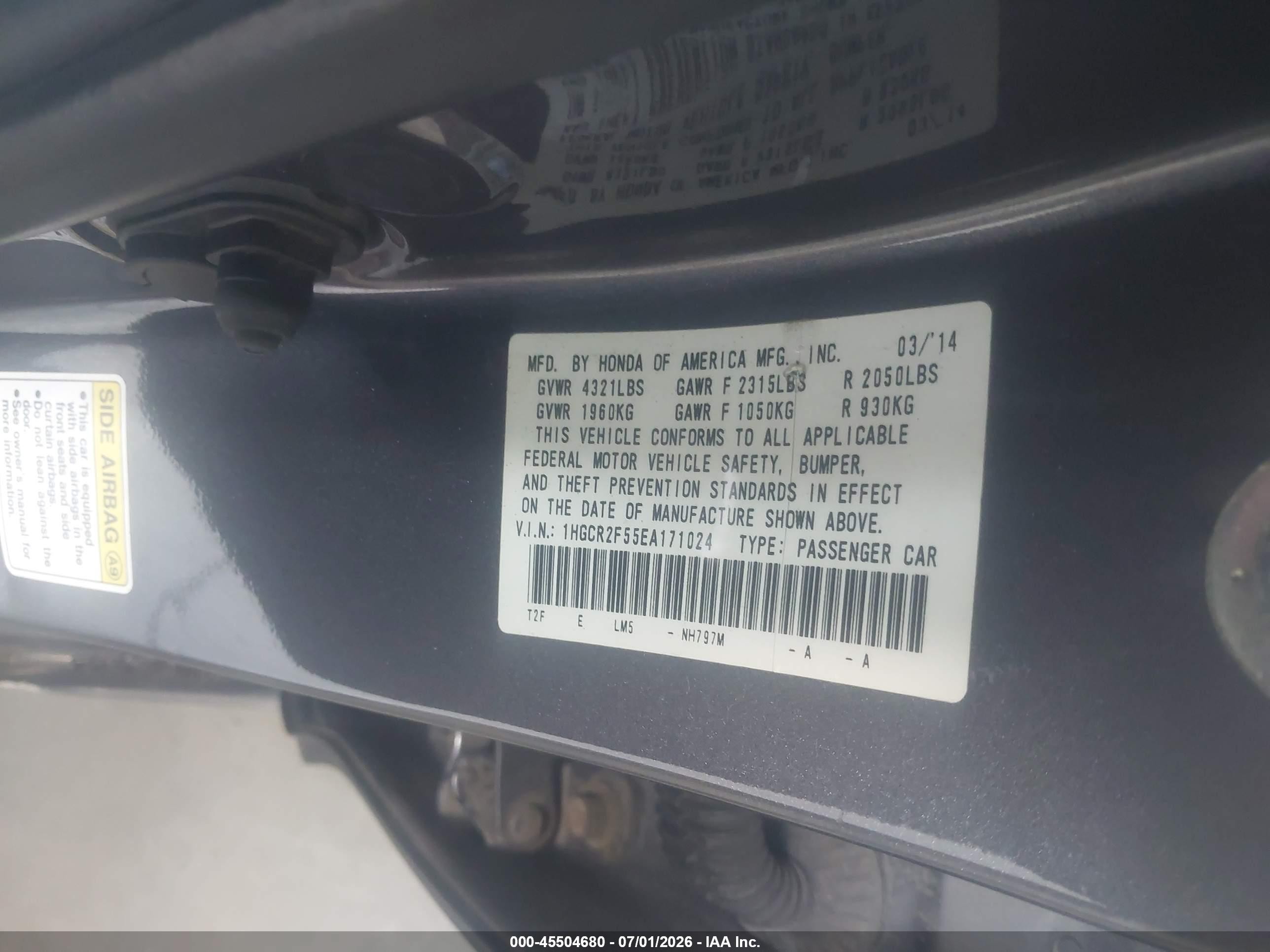 2014 Honda Accord Sport Gray vin: 1HGCR2F55EA171024