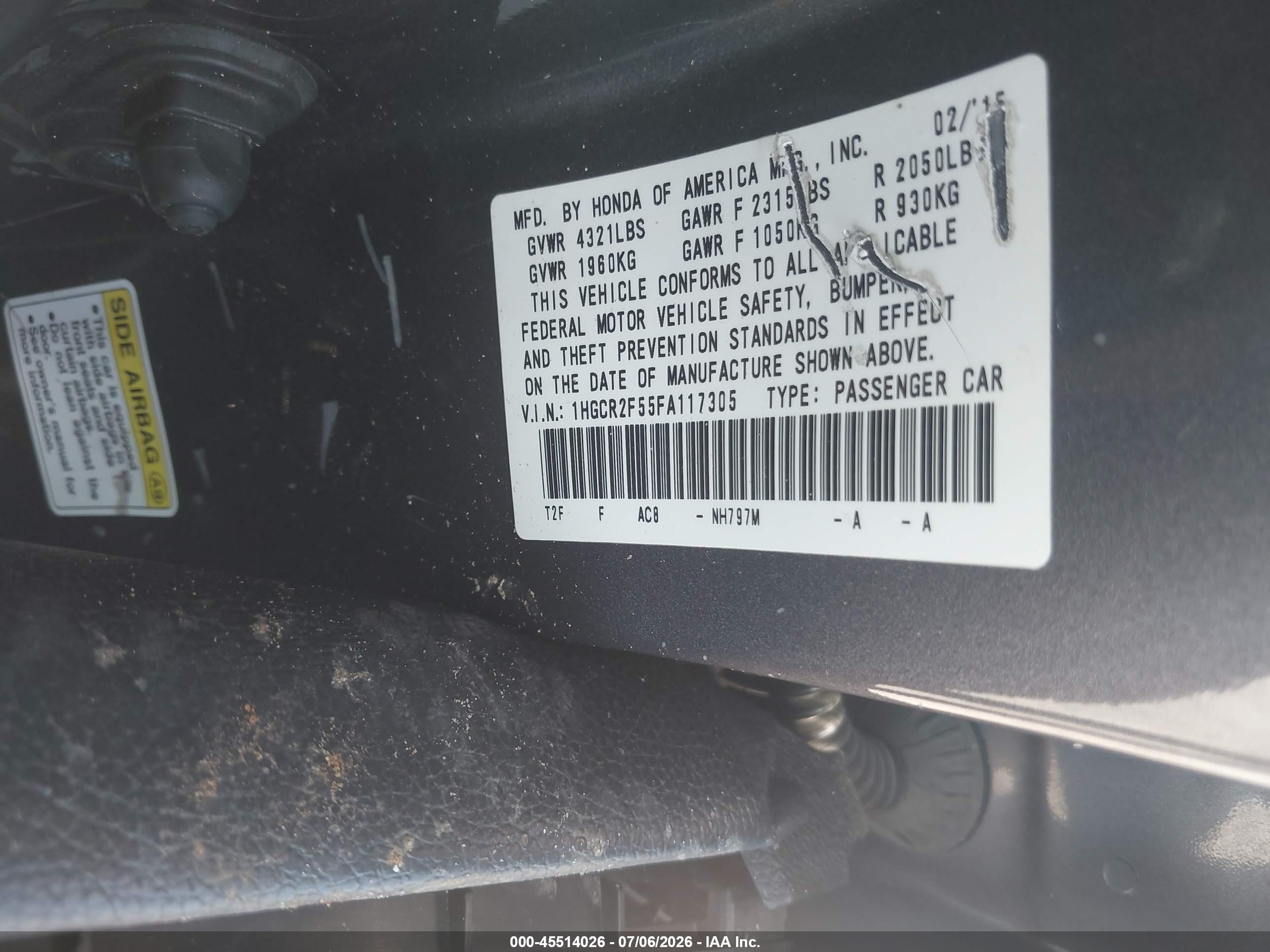 2015 Honda Accord Sport Gray vin: 1HGCR2F55FA117305