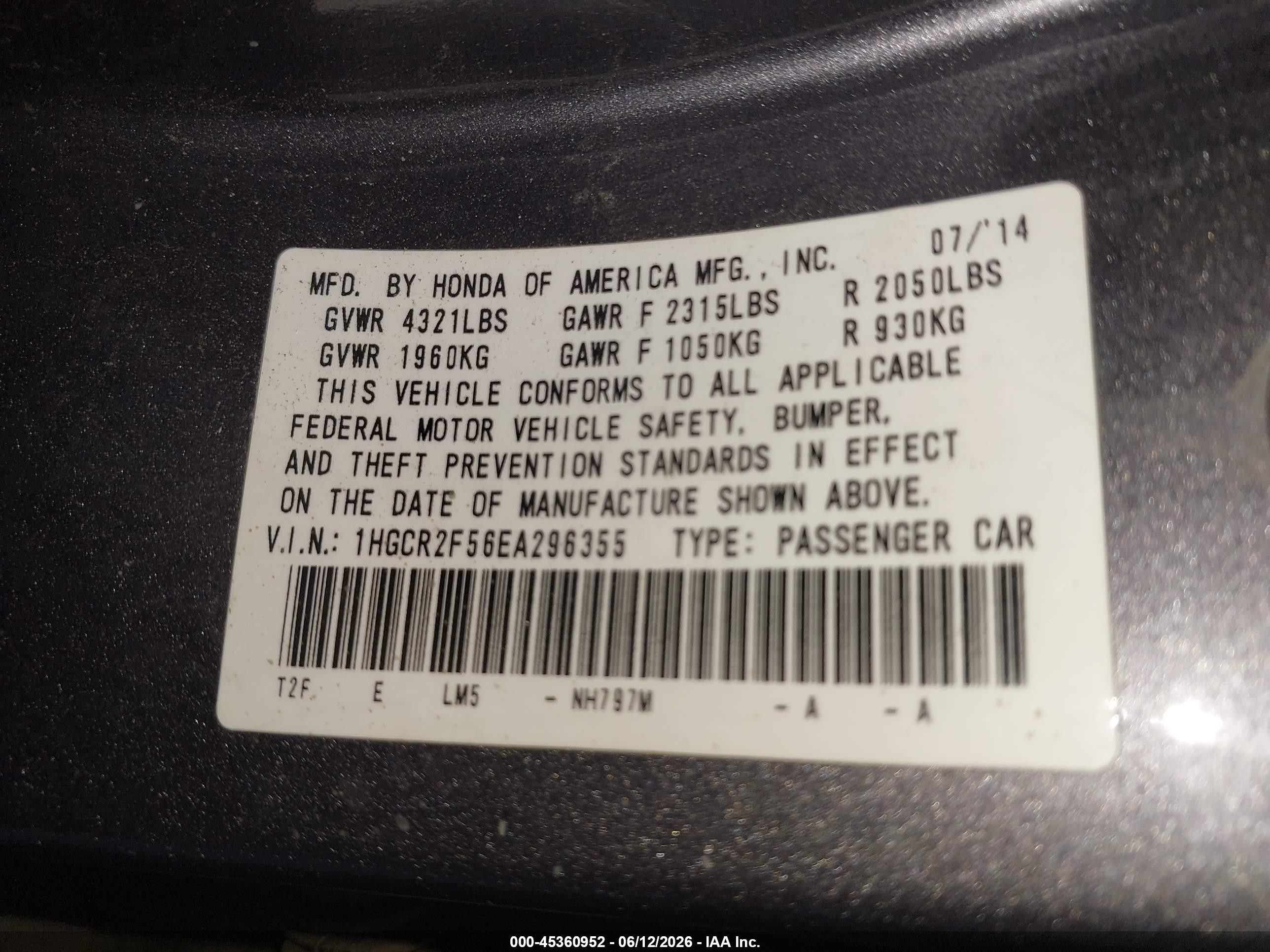 2014 Honda Accord Sport Серый vin: 1HGCR2F56EA296355