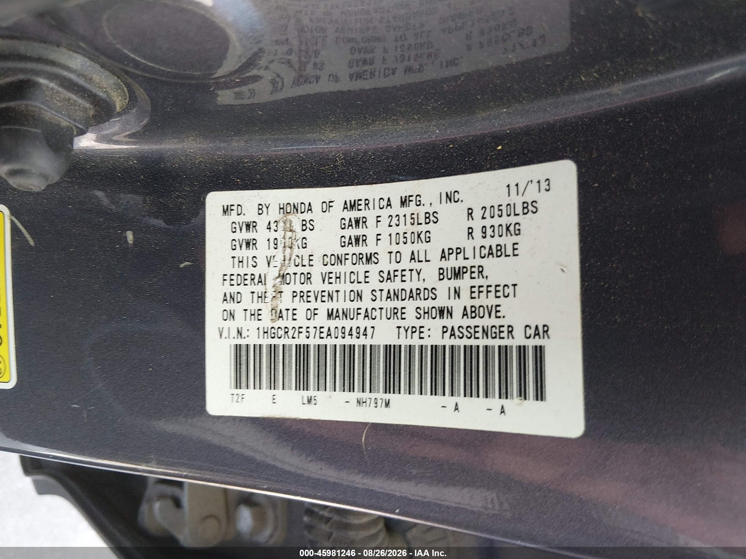 2014 Honda Accord Sport Gray vin: 1HGCR2F57EA094947