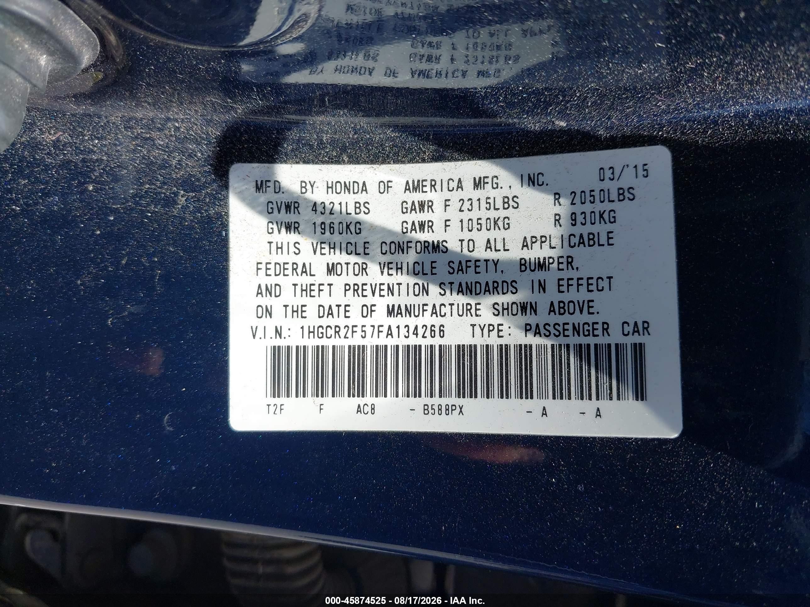 2015 Honda Accord Sport Blue vin: 1HGCR2F57FA134266