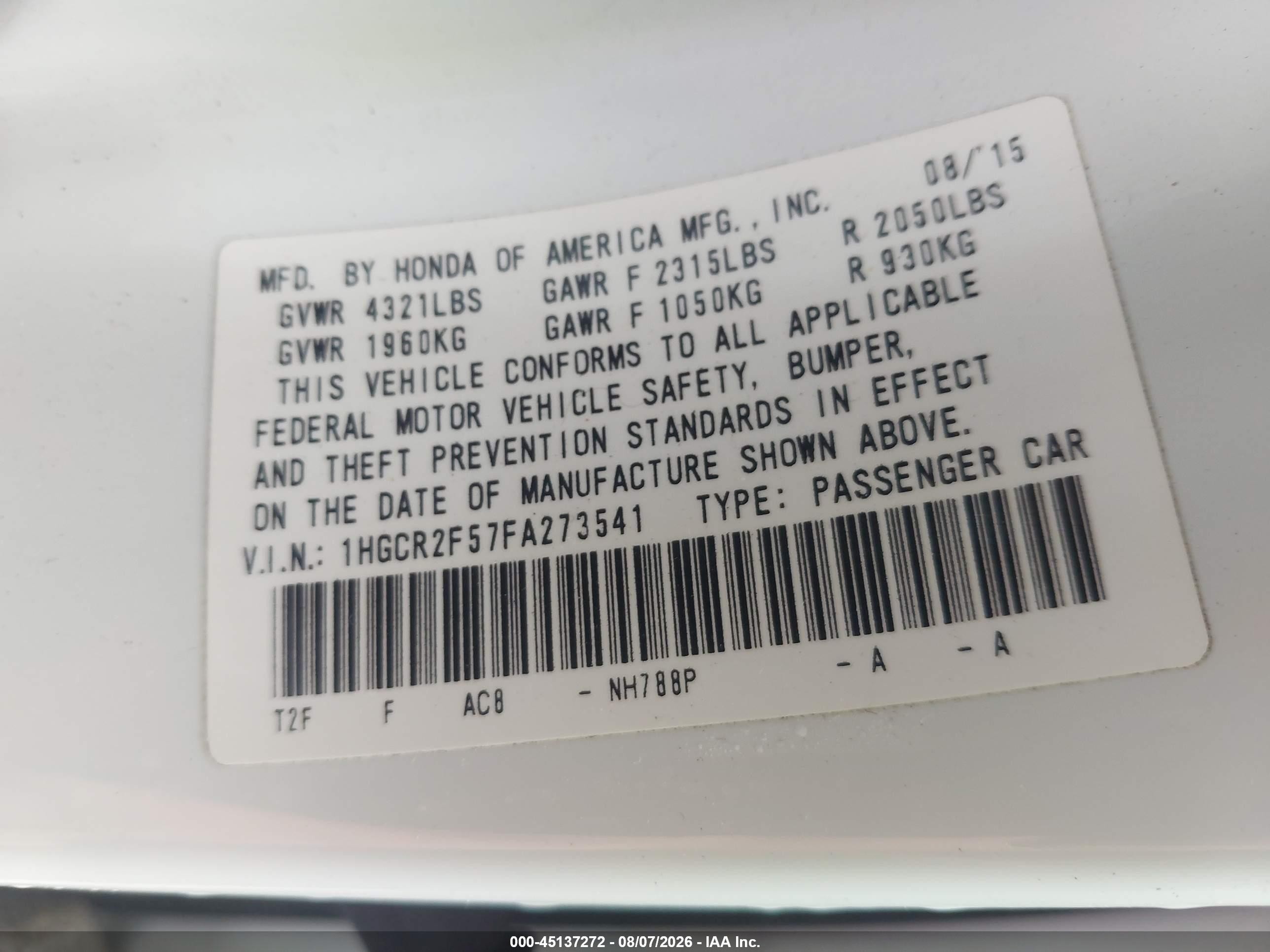 2015 Honda Accord Sport White vin: 1HGCR2F57FA273541