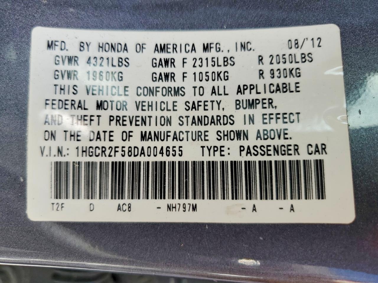 2013 Honda Accord Sport Серый vin: 1HGCR2F58DA004655