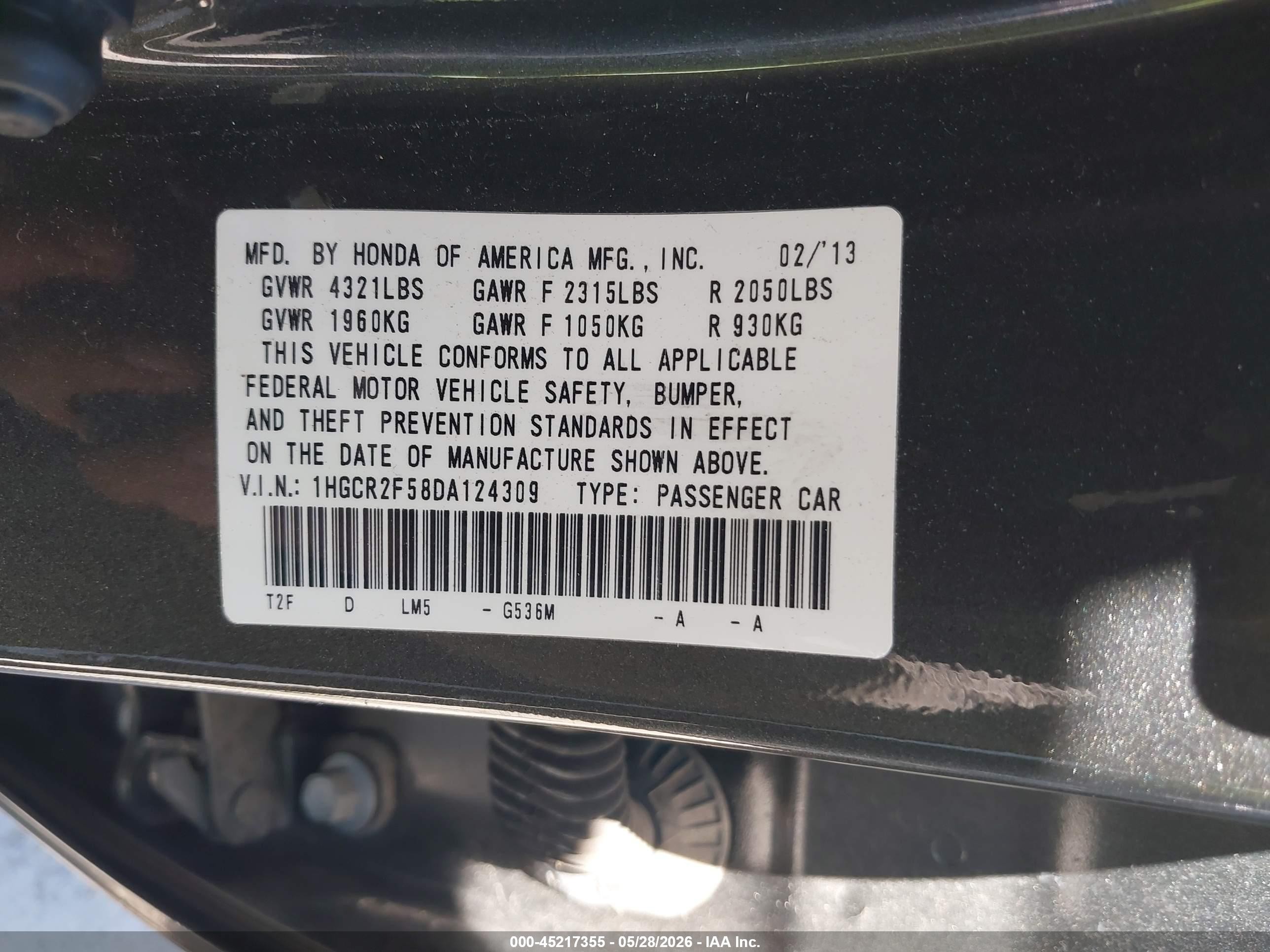 2013 Honda Accord Sport Gray vin: 1HGCR2F58DA124309
