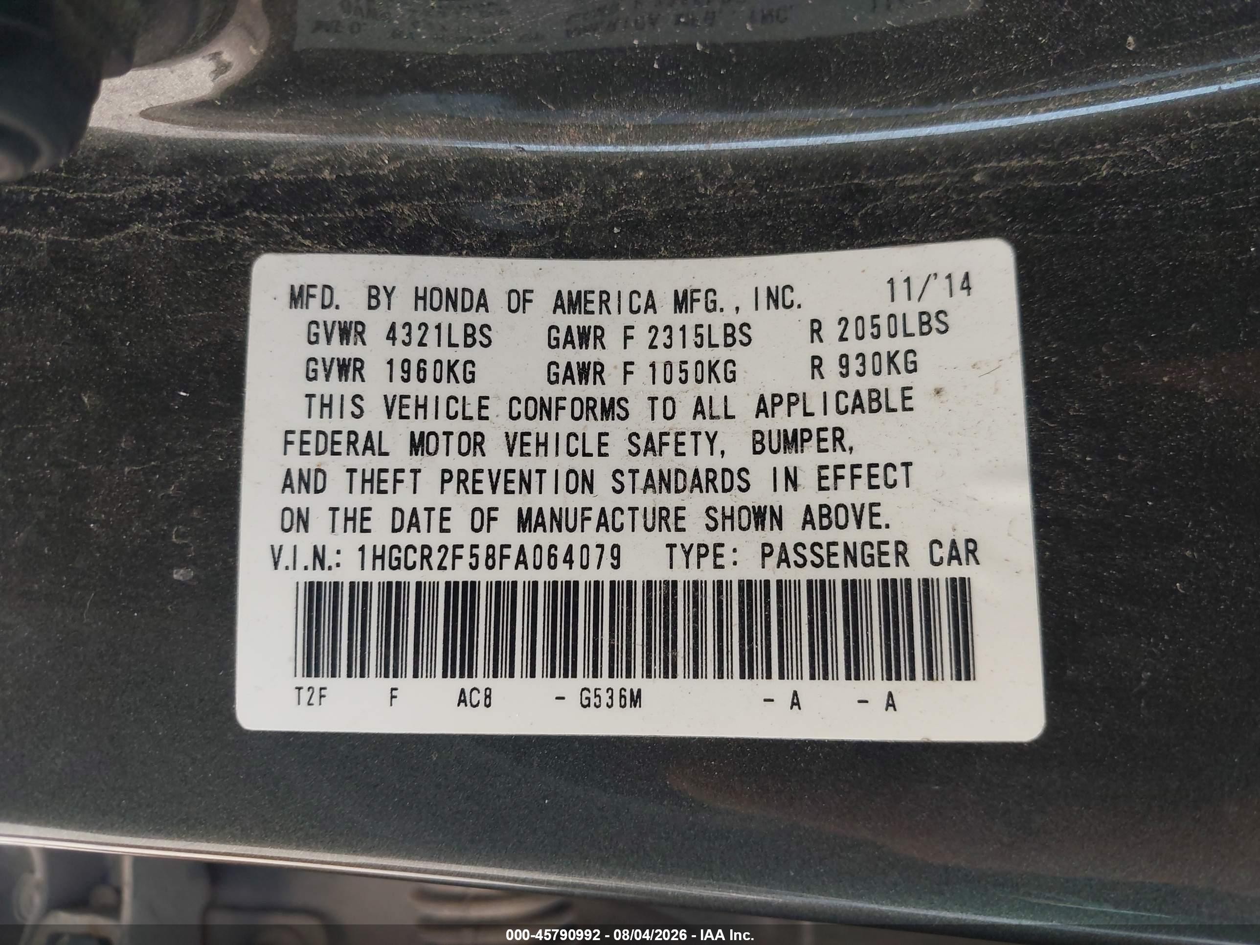 2015 Honda Accord Sport Gray vin: 1HGCR2F58FA064079