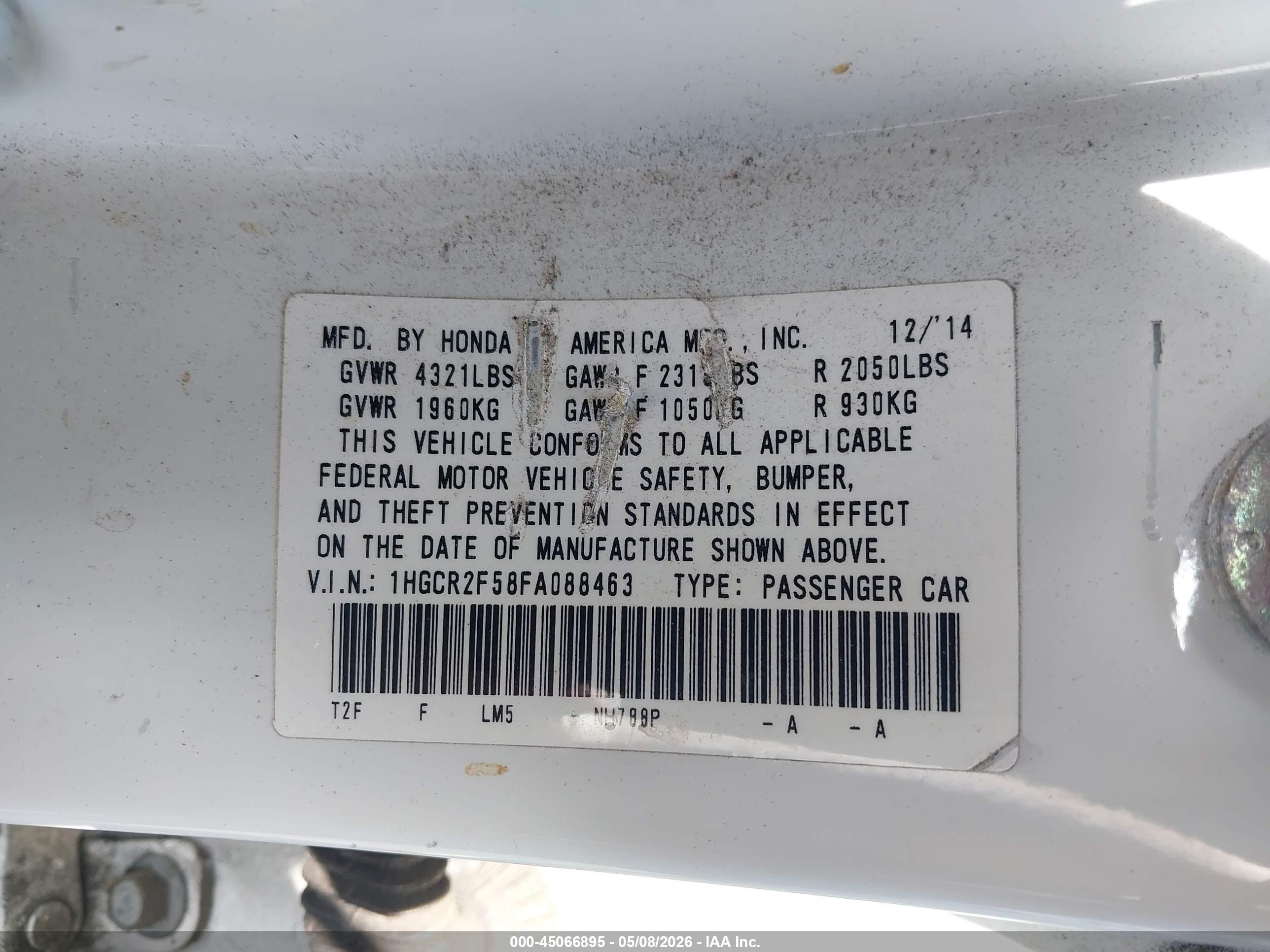 2015 Honda Accord Sport White vin: 1HGCR2F58FA088463