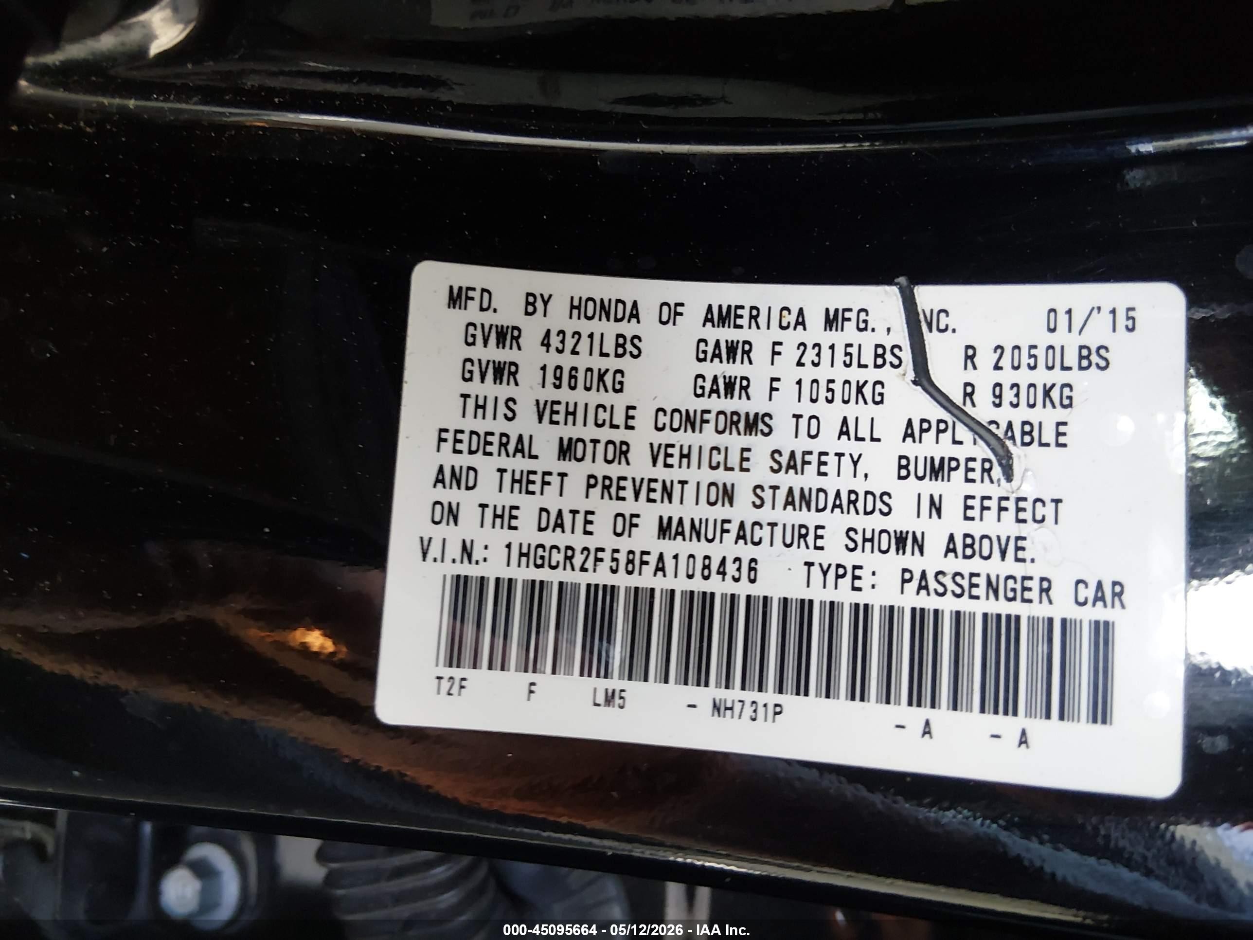 2015 Honda Accord Sport Черный vin: 1HGCR2F58FA108436