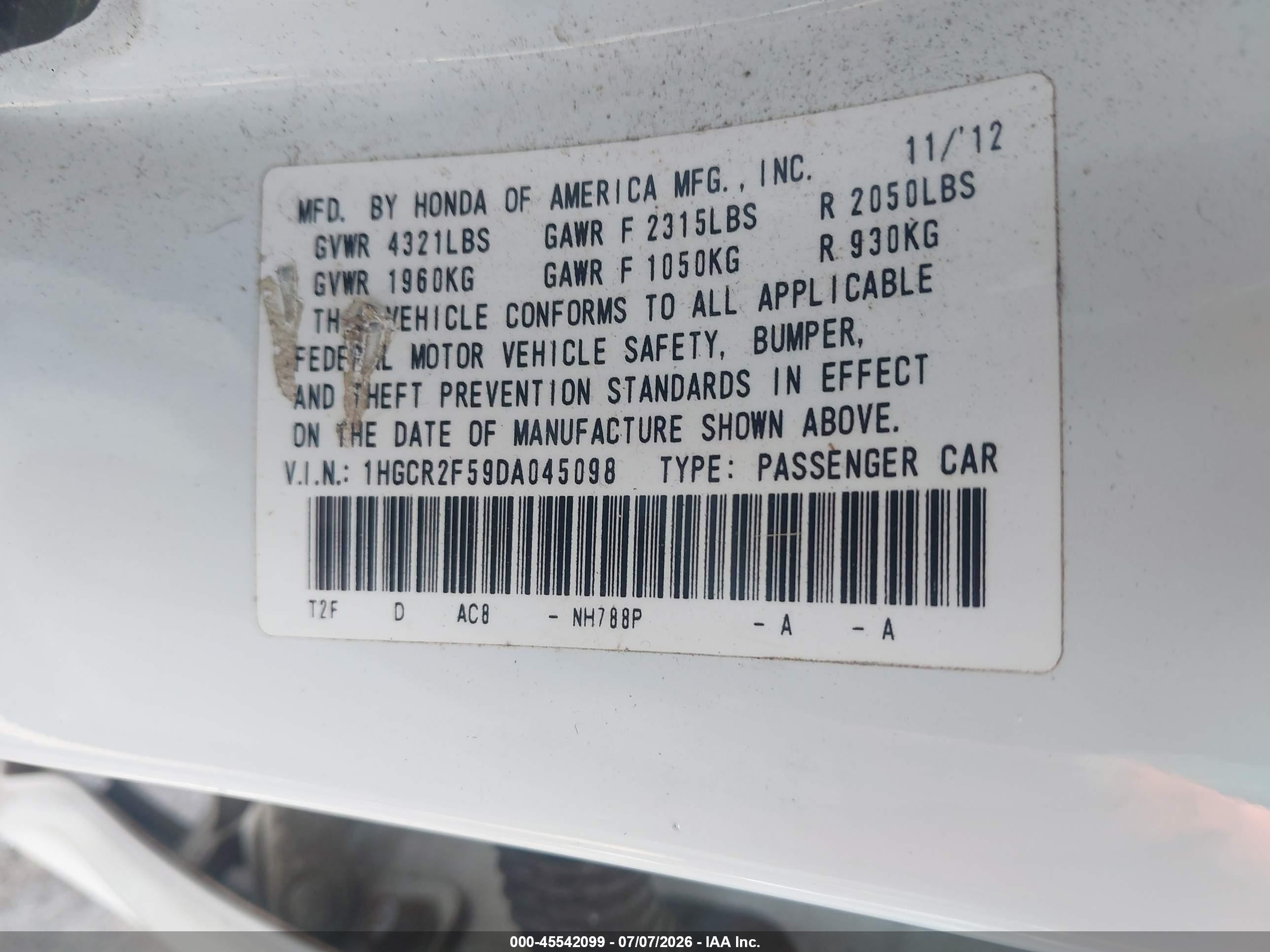 2013 Honda Accord Sport White vin: 1HGCR2F59DA045098