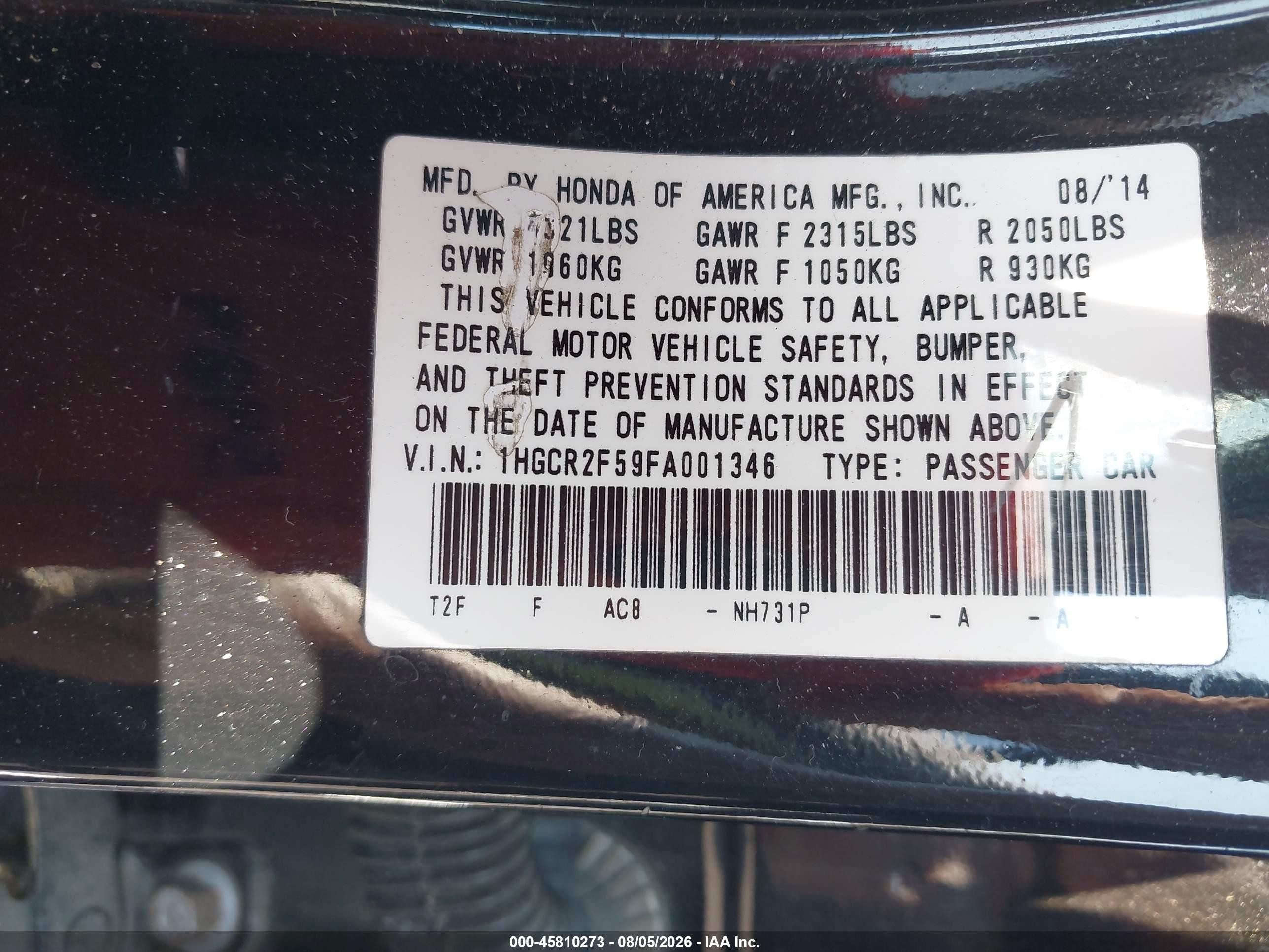 2015 Honda Accord Sport Черный vin: 1HGCR2F59FA001346