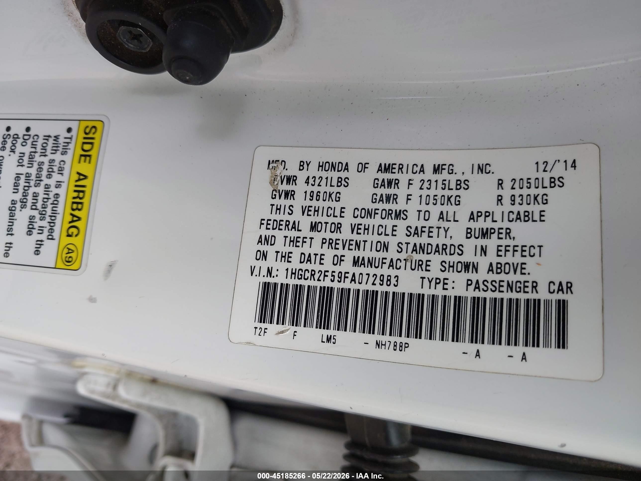 2015 Honda Accord Sport Белый vin: 1HGCR2F59FA072983