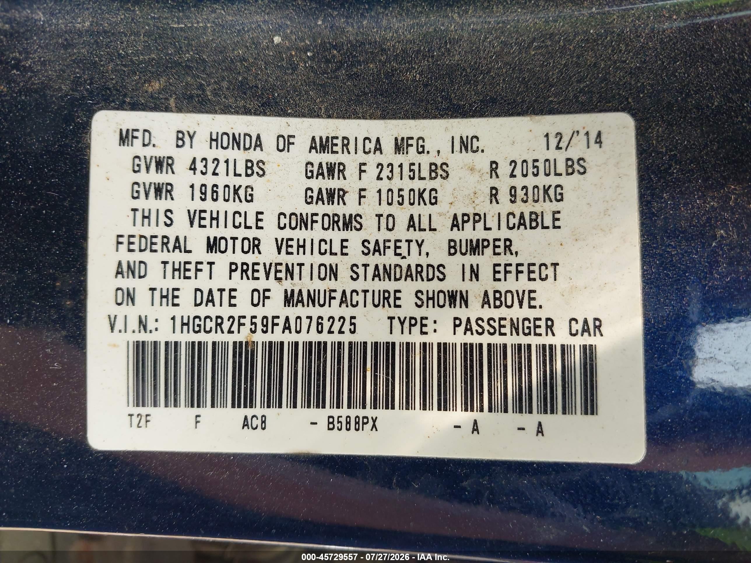 2015 Honda Accord Sport Dark Blue vin: 1HGCR2F59FA076225