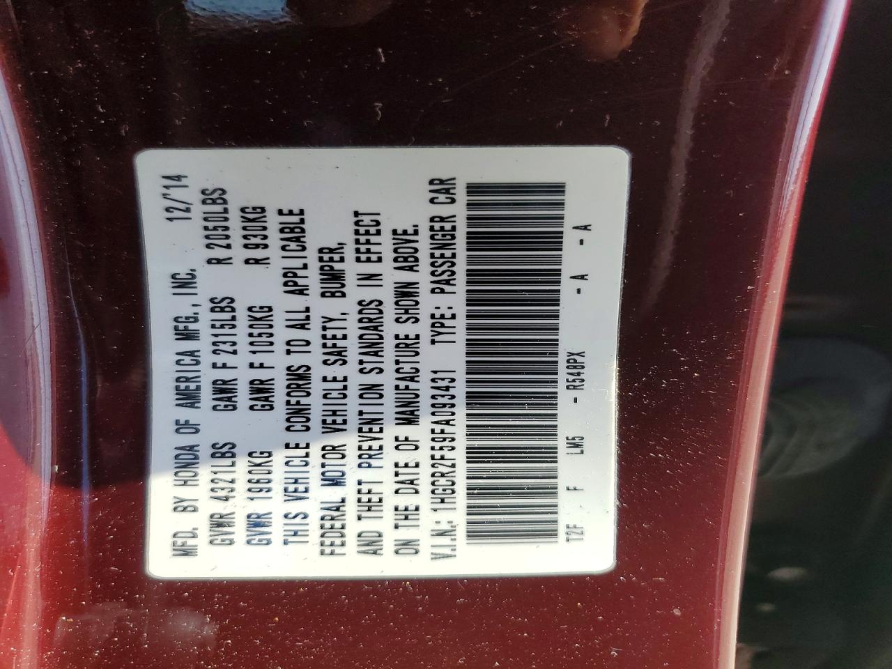 2015 Honda Accord Sport Burgundy vin: 1HGCR2F59FA093431