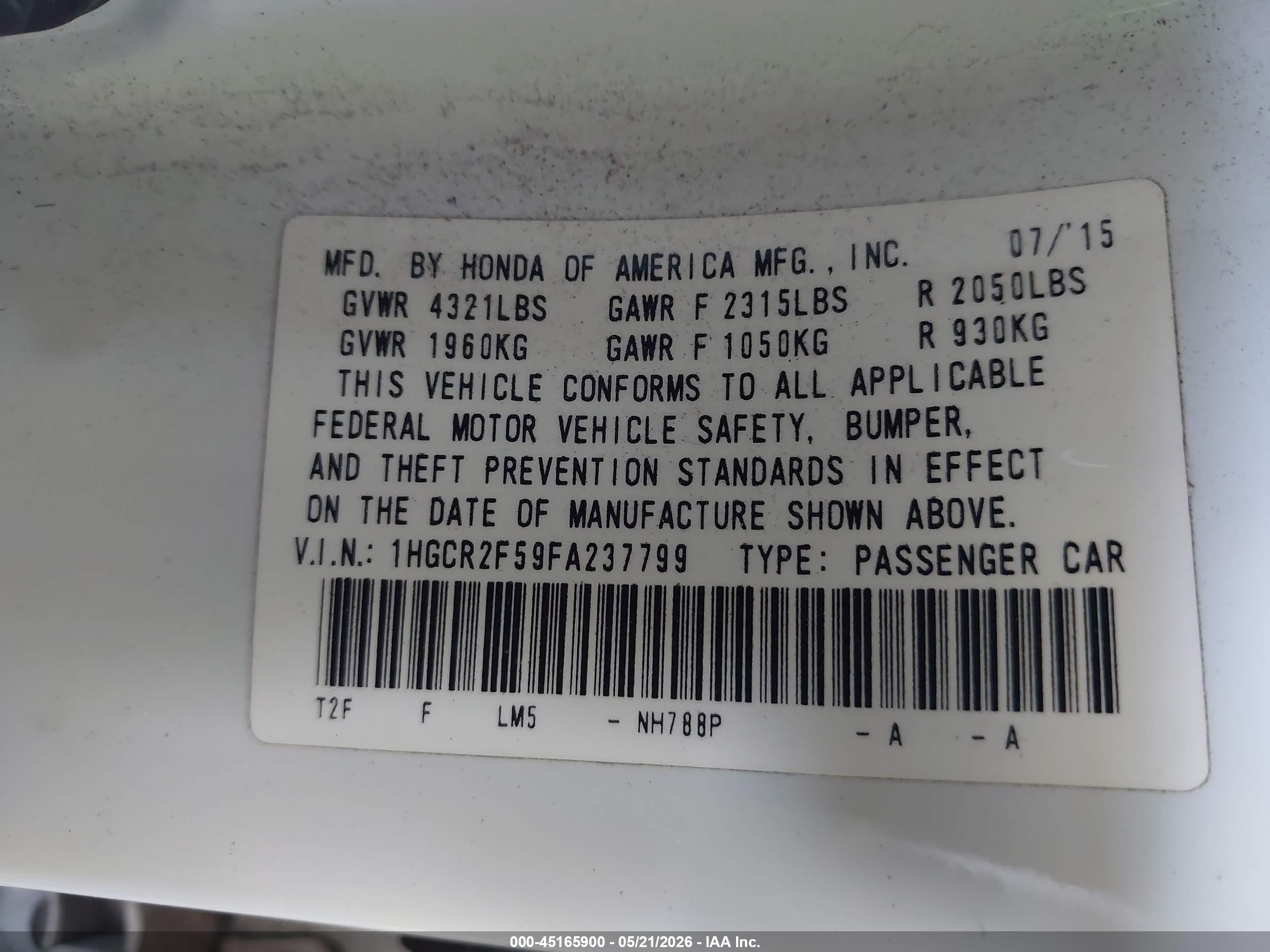 2015 Honda Accord Sport White vin: 1HGCR2F59FA237799