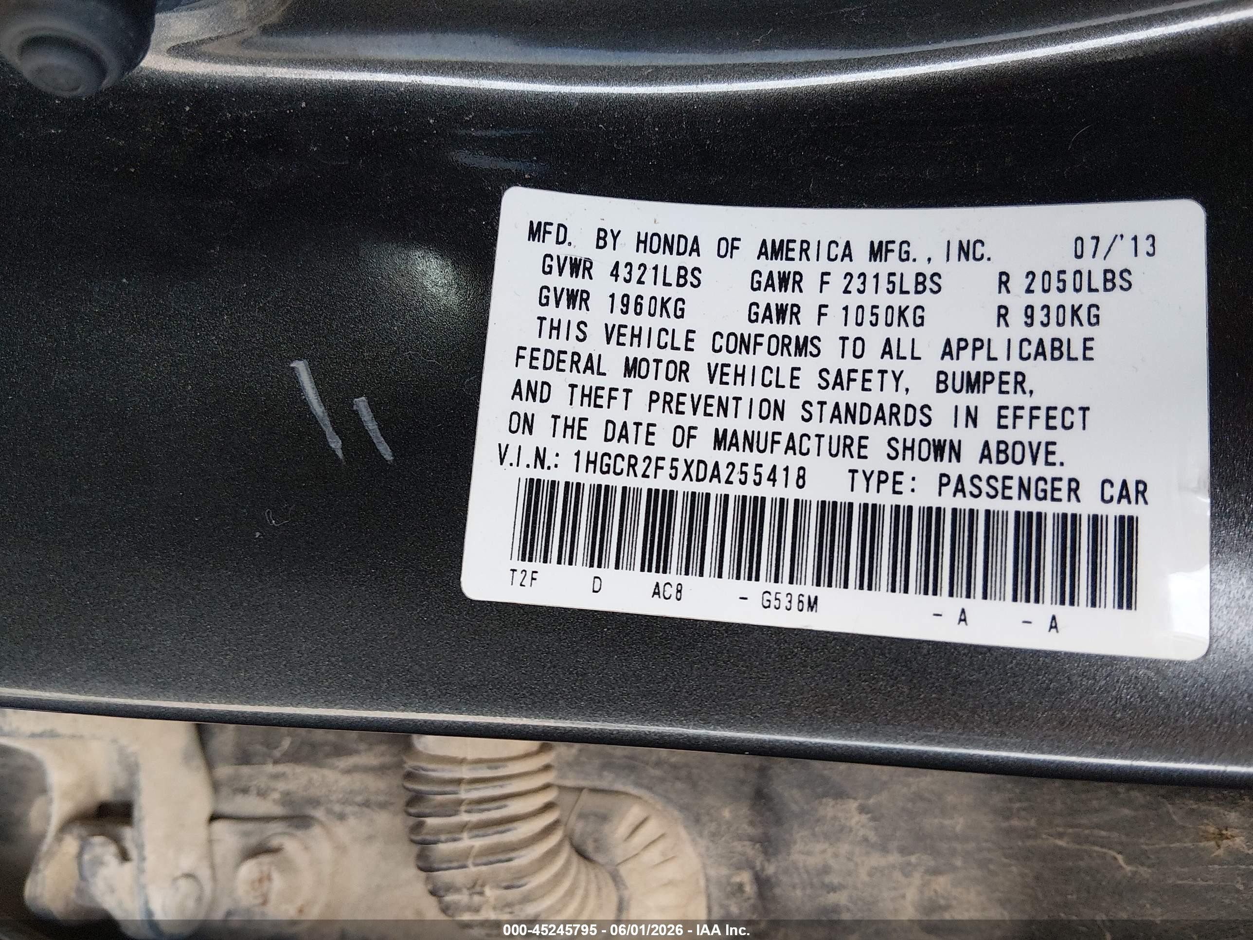 2013 Honda Accord Sport Серый vin: 1HGCR2F5XDA255418