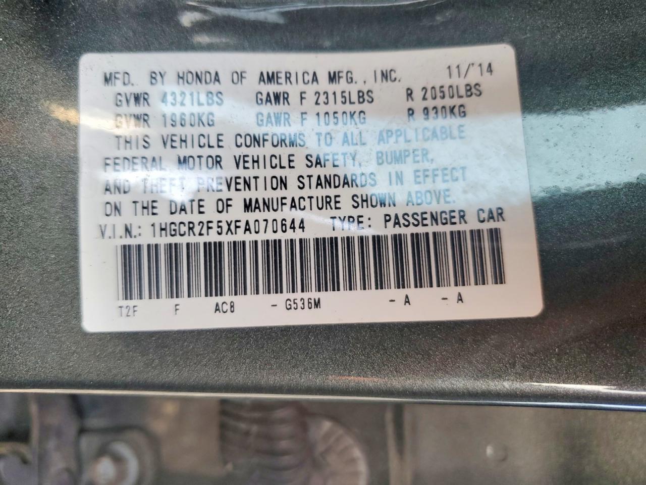 2015 Honda Accord Sport Gray vin: 1HGCR2F5XFA070644