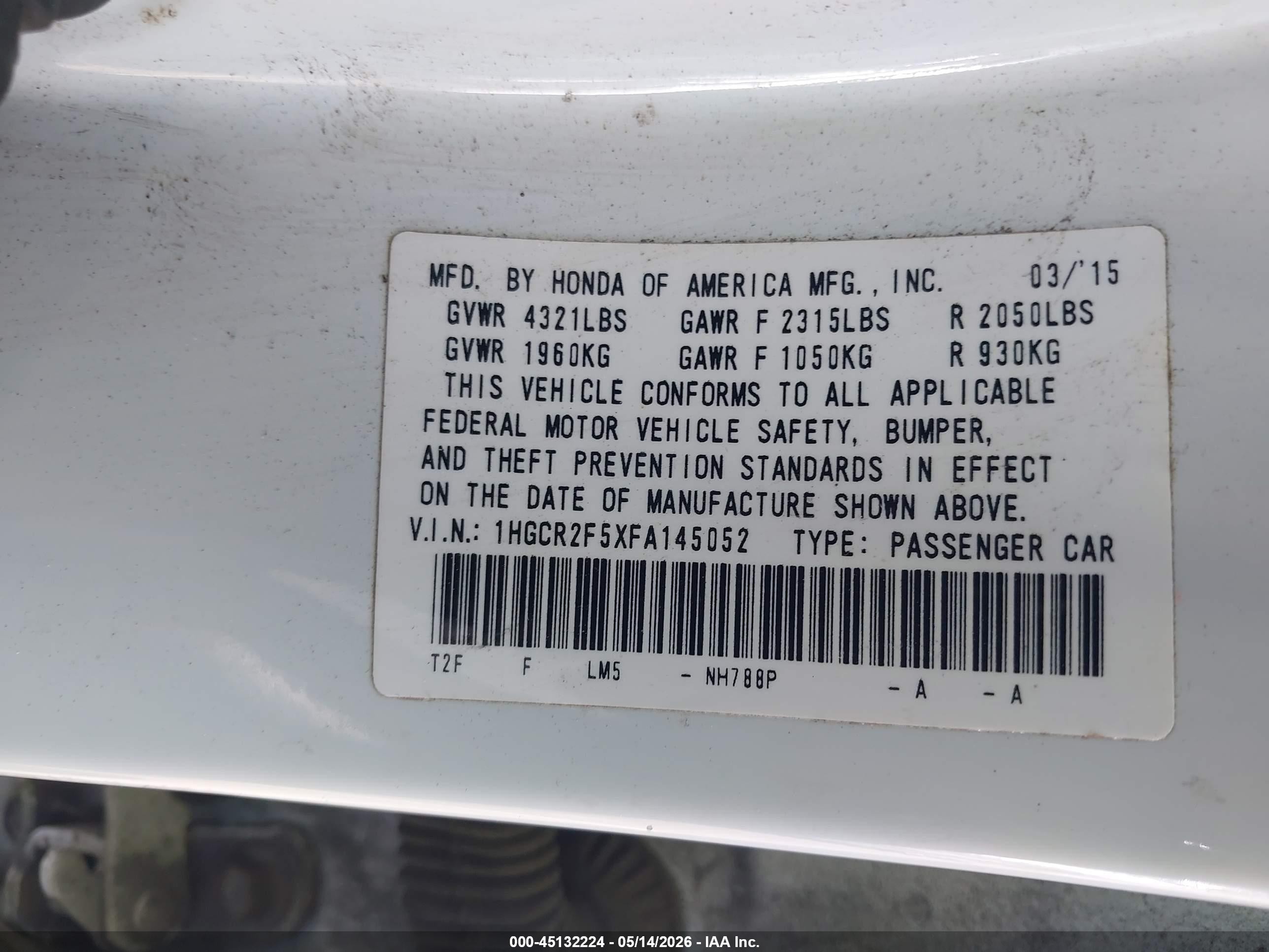 2015 Honda Accord Sport White vin: 1HGCR2F5XFA145052