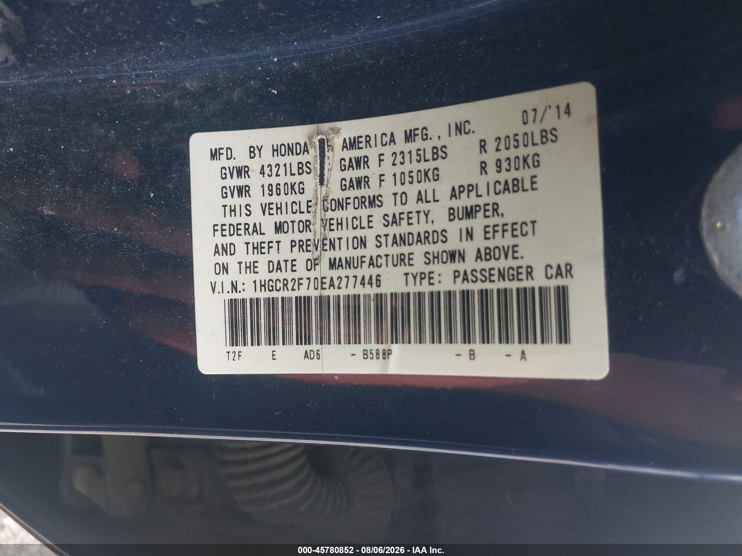 2014 Honda Accord Ex Blue vin: 1HGCR2F70EA277446