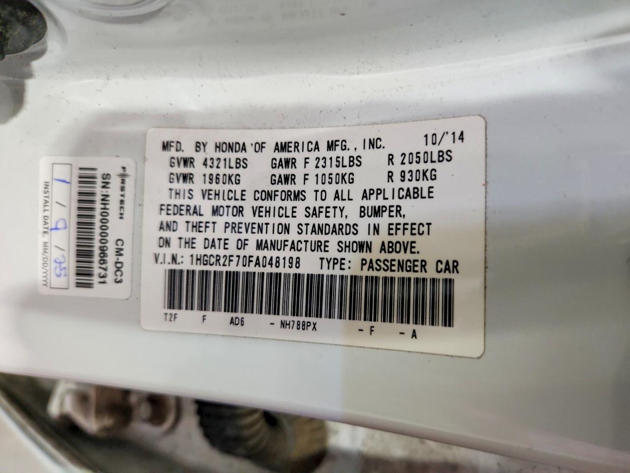 2015 Honda Accord White vin: 1HGCR2F70FA048198