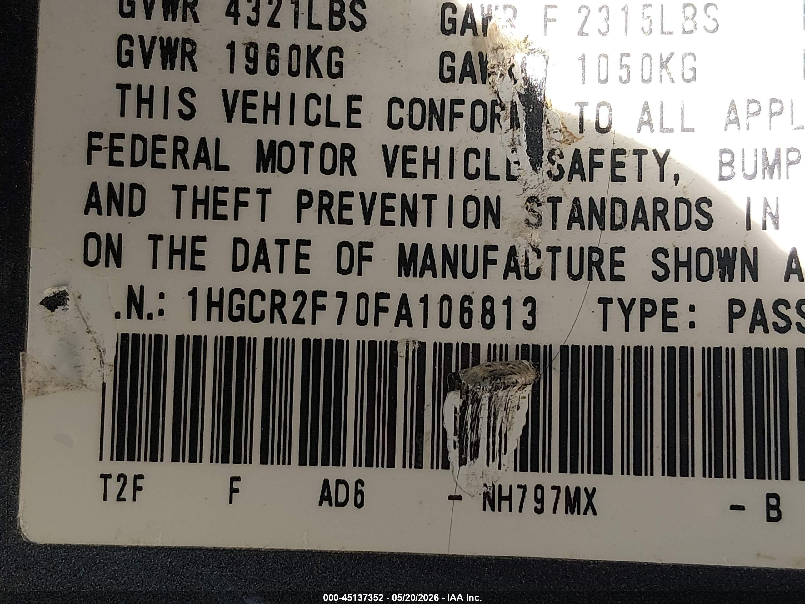 2015 Honda Accord Ex Серый vin: 1HGCR2F70FA106813