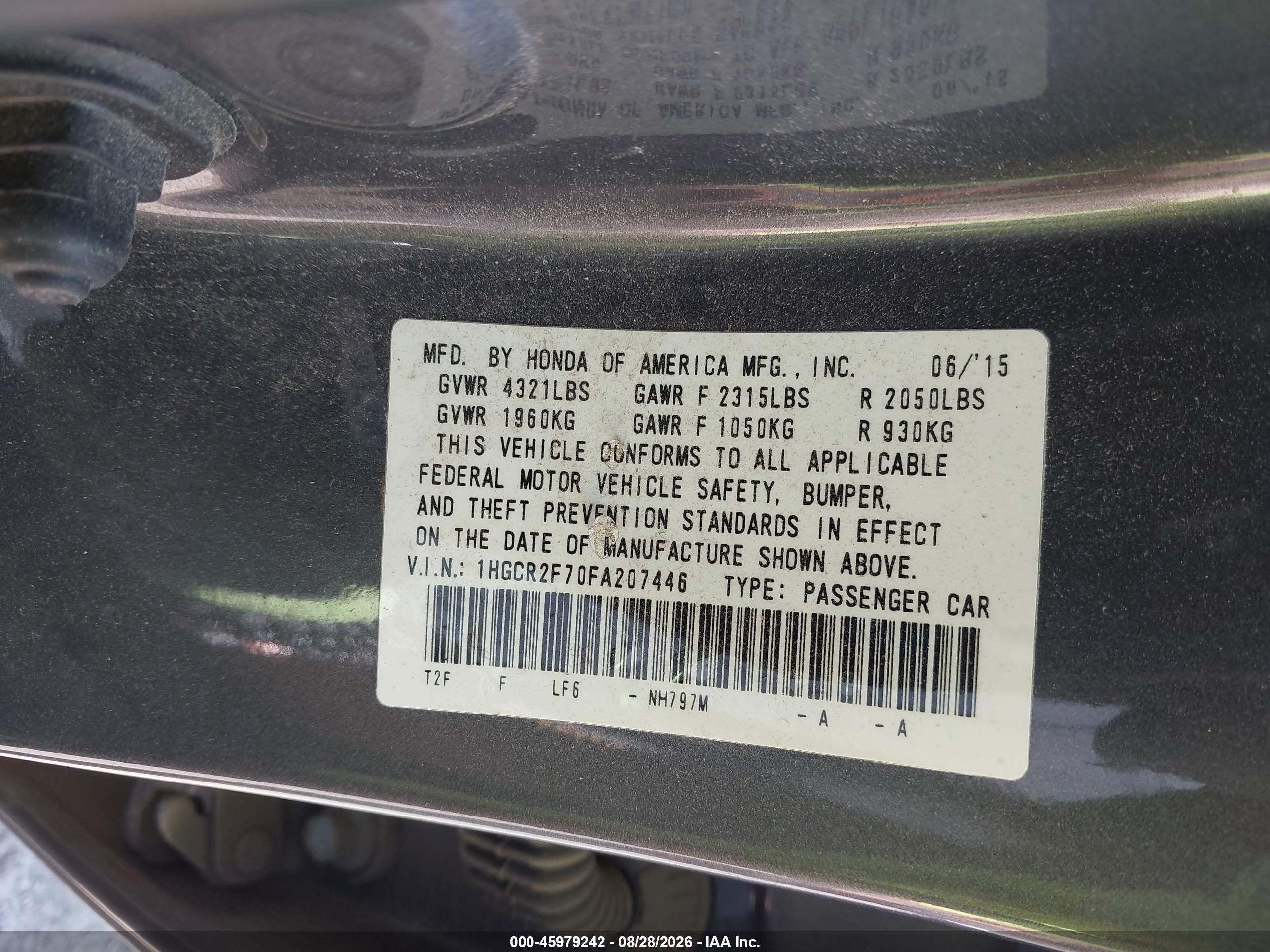 2015 Honda Accord Ex Gray vin: 1HGCR2F70FA207446