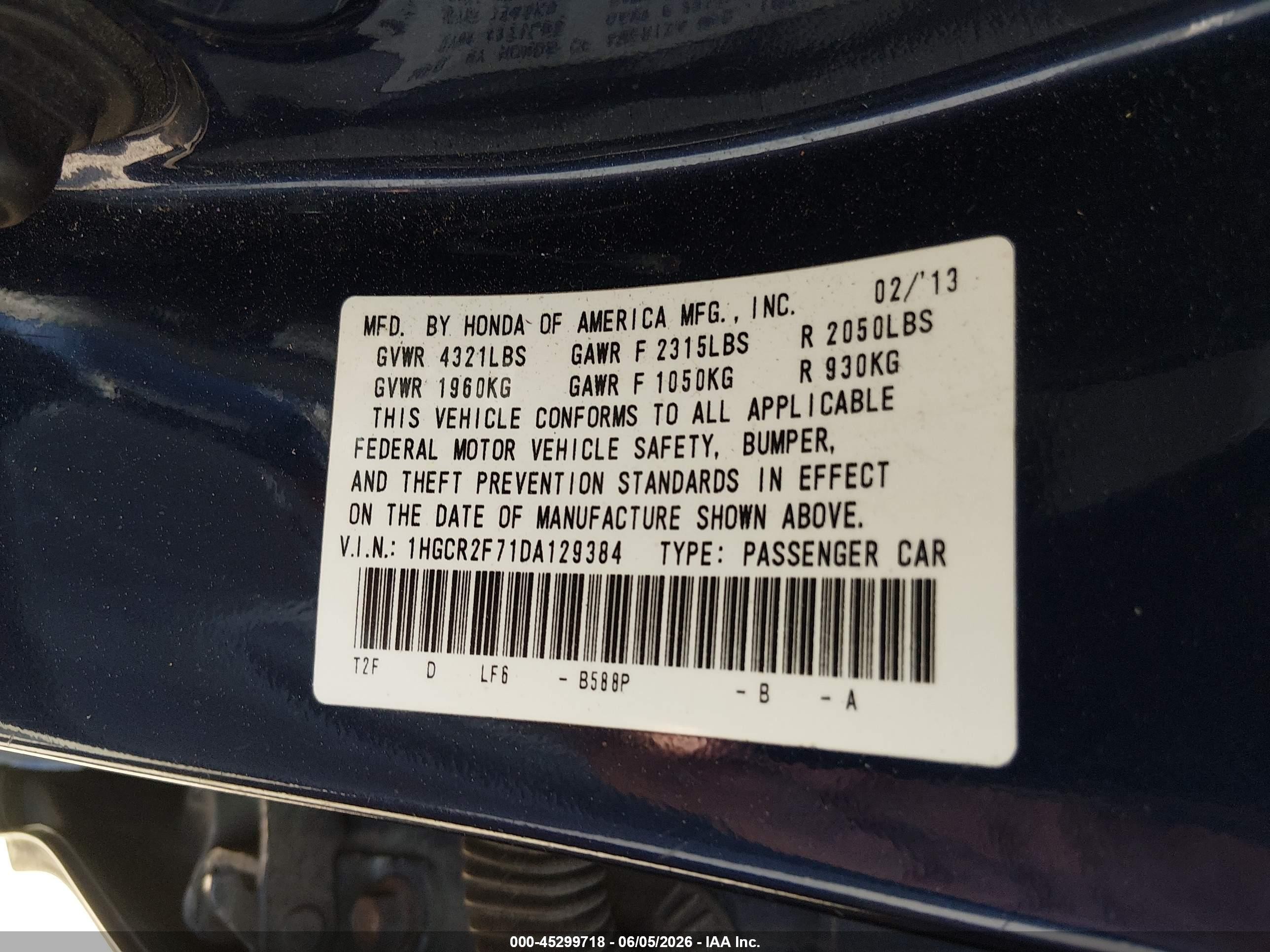 2013 Honda Accord Ex Blue vin: 1HGCR2F71DA129384