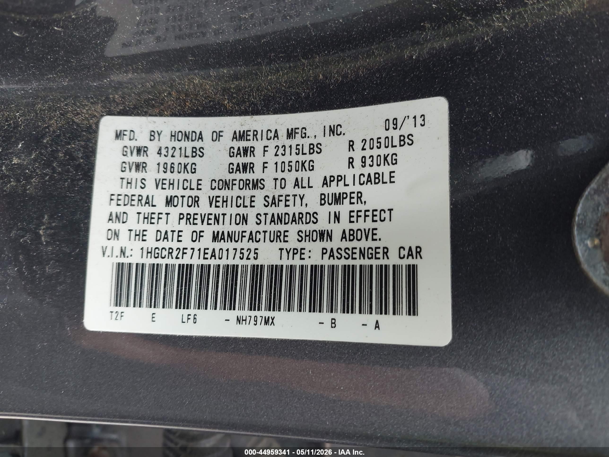 2014 Honda Accord Ex Серый vin: 1HGCR2F71EA017525