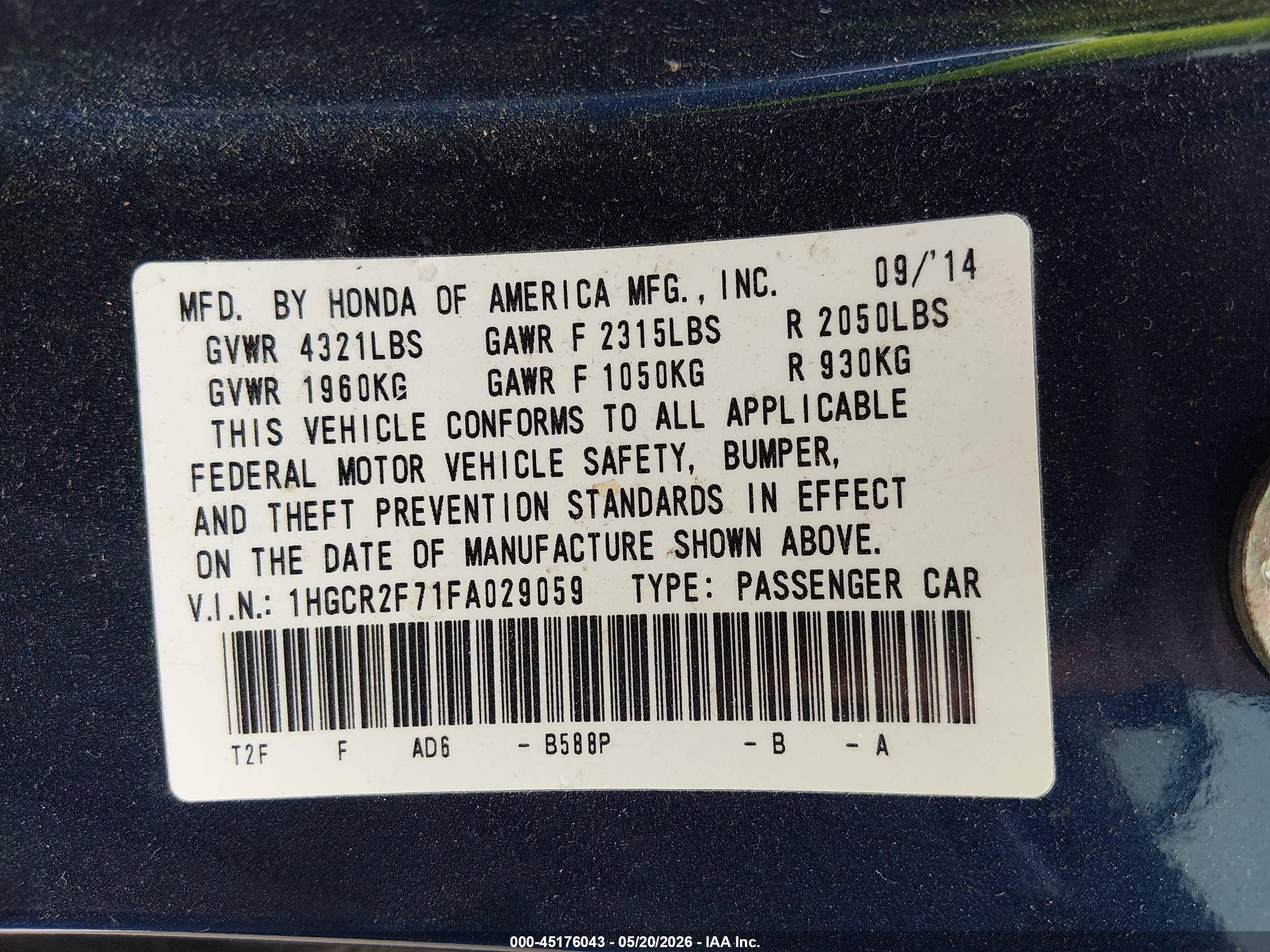 2015 Honda Accord Ex Dark Blue vin: 1HGCR2F71FA029059