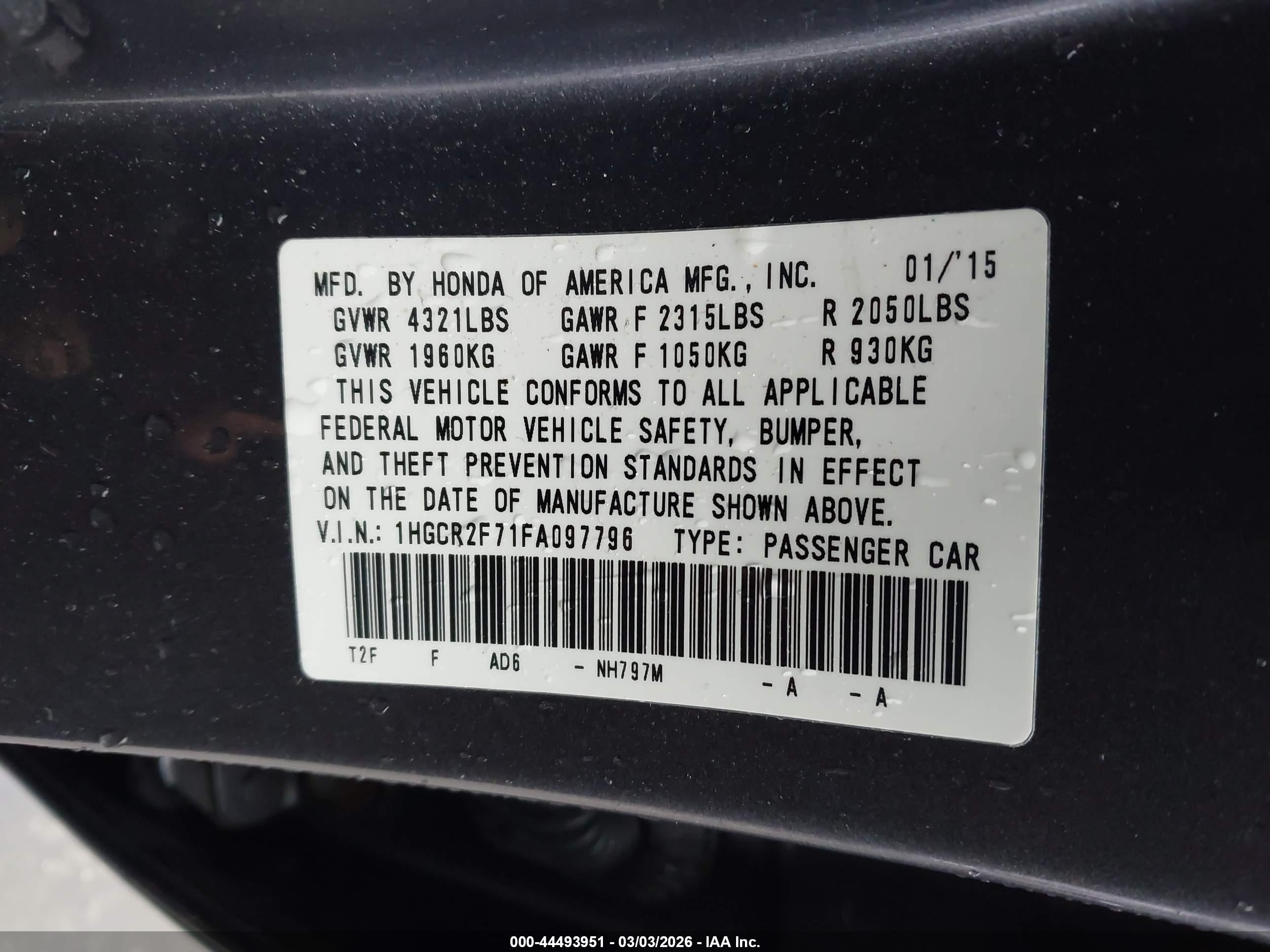 2015 Honda Accord Ex Gray vin: 1HGCR2F71FA097796