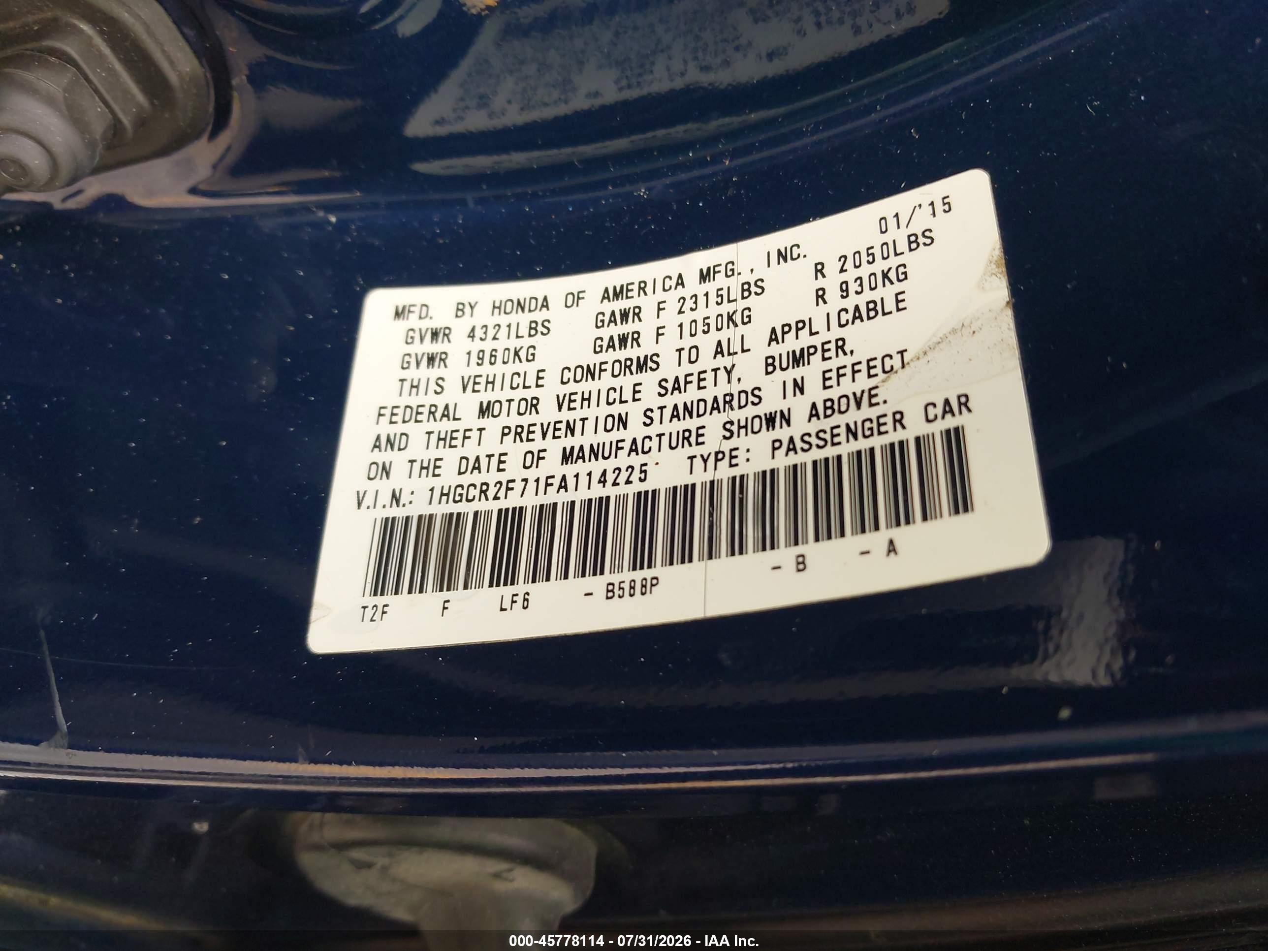 2015 Honda Accord Ex Blue vin: 1HGCR2F71FA114225