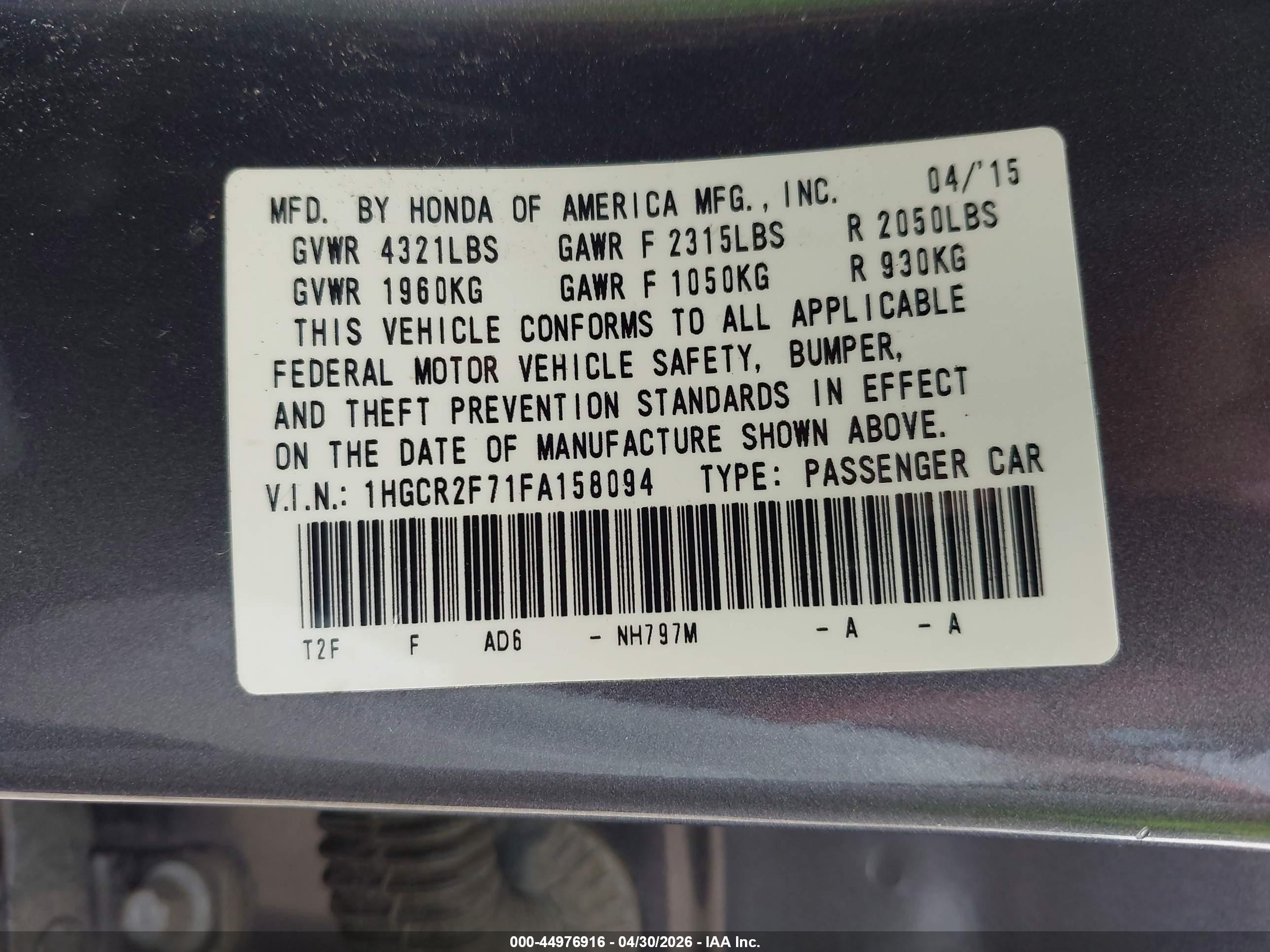 2015 Honda Accord Ex Gray vin: 1HGCR2F71FA158094