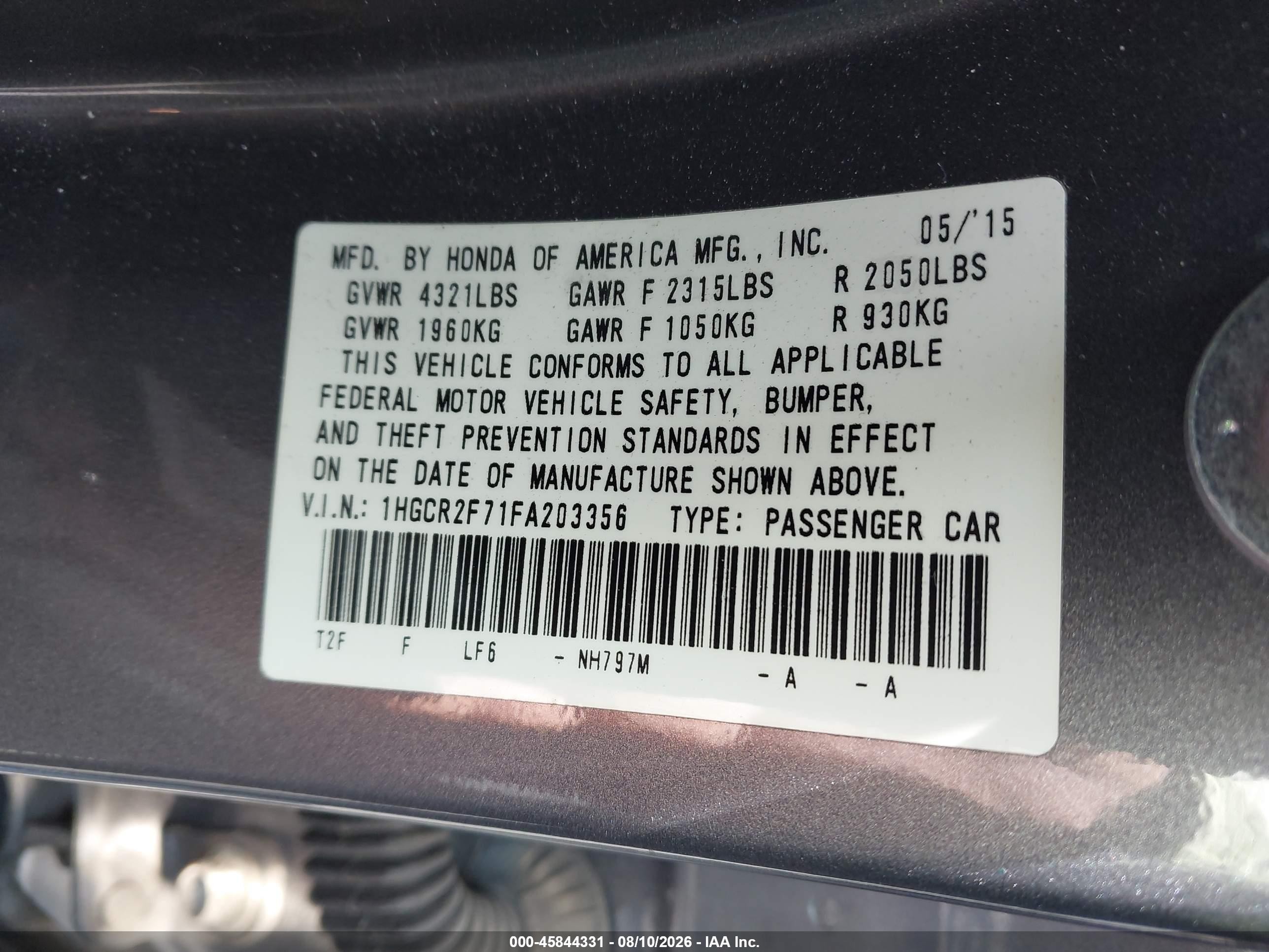 2015 Honda Accord Ex Gray vin: 1HGCR2F71FA203356
