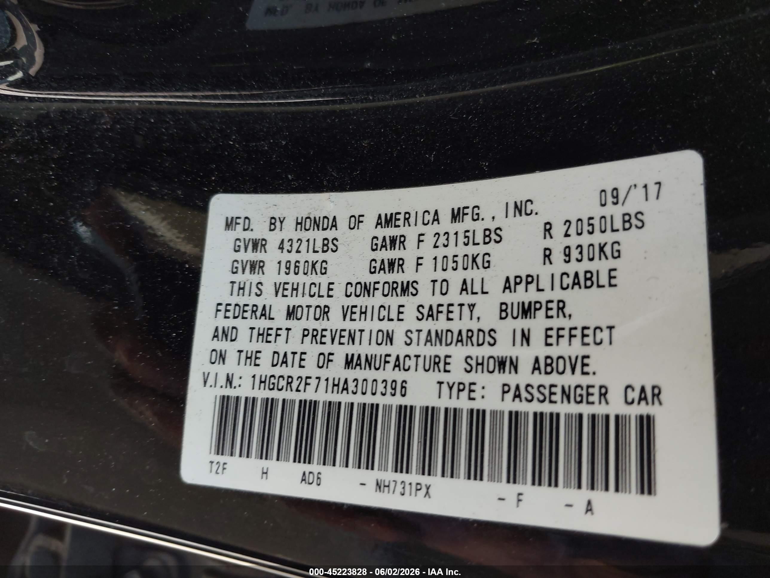 2017 Honda Accord Ex Black vin: 1HGCR2F71HA300396